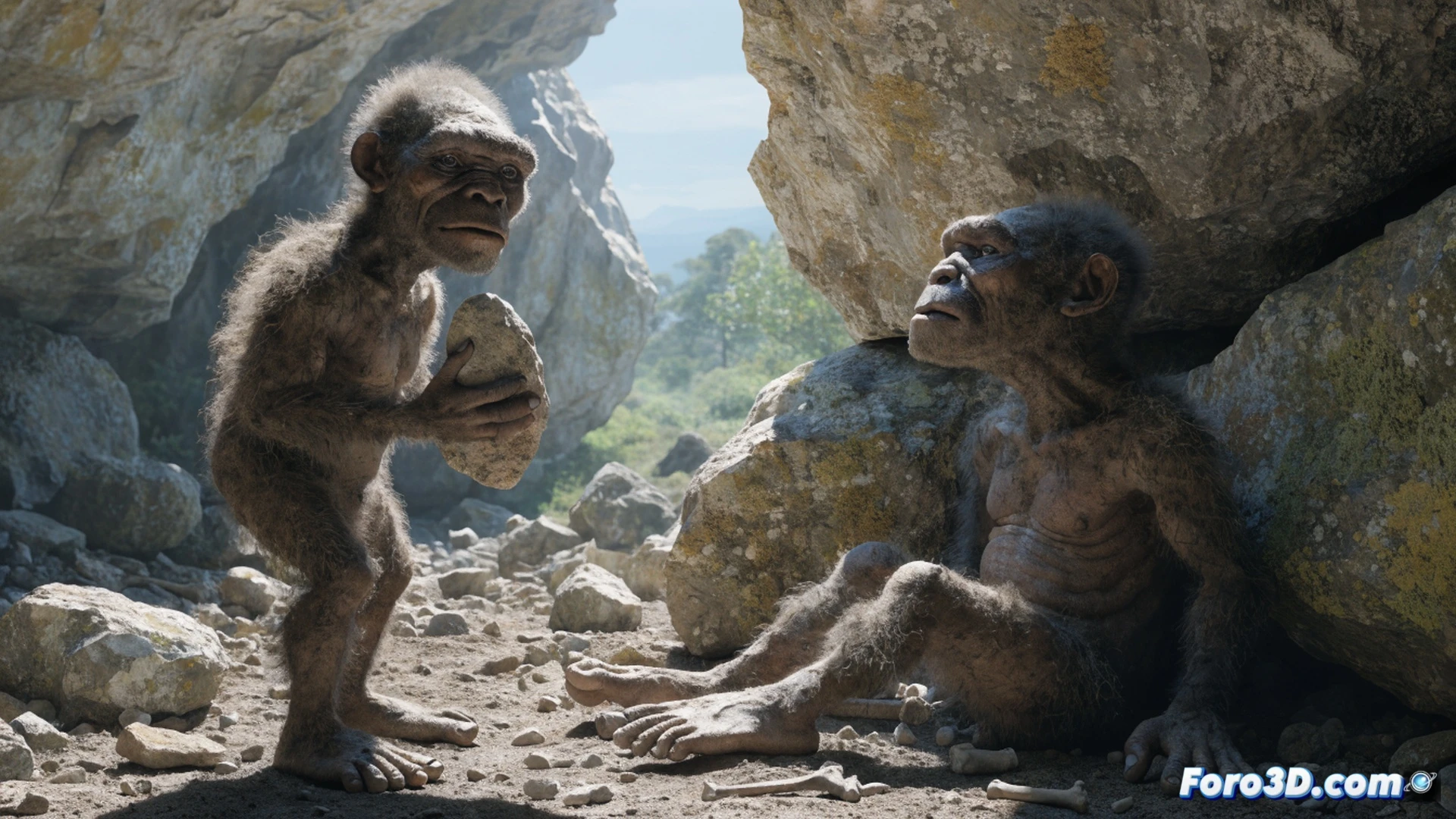 Homo floresiensis excavación arqueológica en cueva de piedra caliza en isla de Flores, pequeño homínido de un metro de altura sosteniendo un hacha de piedra tallada, mientras otro individuo examina herramientas líticas junto a restos óseos de un elefante enano, capas de sedimento estratigráfico visibles en la pared de la cueva, luz natural filtrándose desde la entrada, polvo suspendido en el aire, vegetación tropical densa al fondo, estilo cinematográfico ultrarealista, iluminación dramática con sombras profundas, texturas detalladas de roca y hueso, render fotorrealista técnico