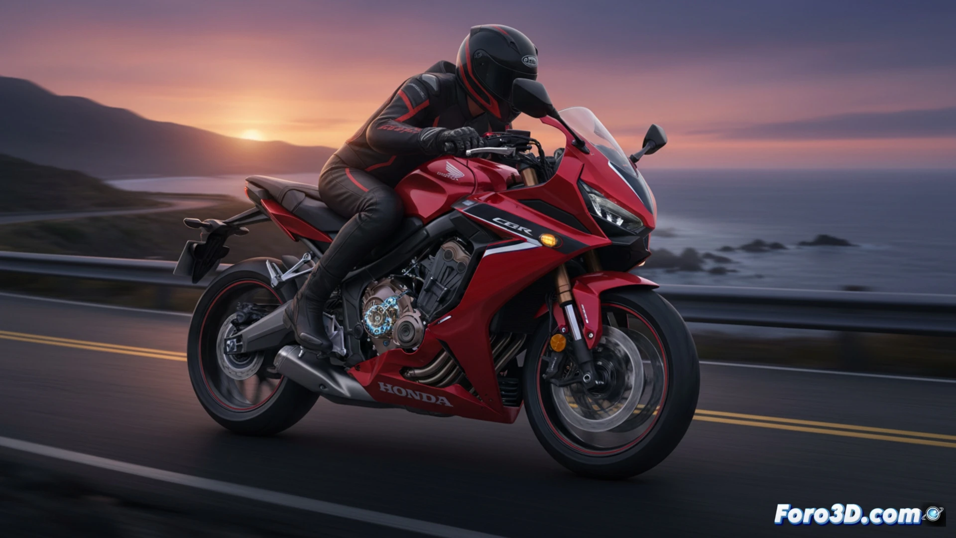 Honda CBR650R 2026 en curva cerrada, piloto con casco deportivo, manos en manillar, sin tocar embrague. Detalle del sistema E-Clutch en el motor. Fondo de carretera de montaña al atardecer.