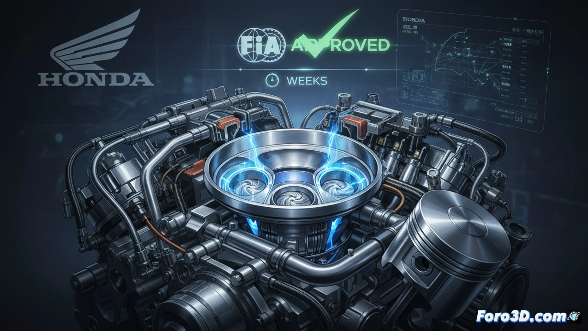 Honda F1 combustion chamber development process, engineers inspecting a cutaway engine block on a workbench, holographic CAD model floating above showing piston and cylinder head geometry, FIA homologation documents displayed on a tablet nearby, tools and carbon fibre components scattered around, cinematic engineering visualization, workshop with industrial lighting, metallic surfaces reflecting blue and red LEDs, photorealistic technical render, shallow depth of field focusing on the combustion chamber details