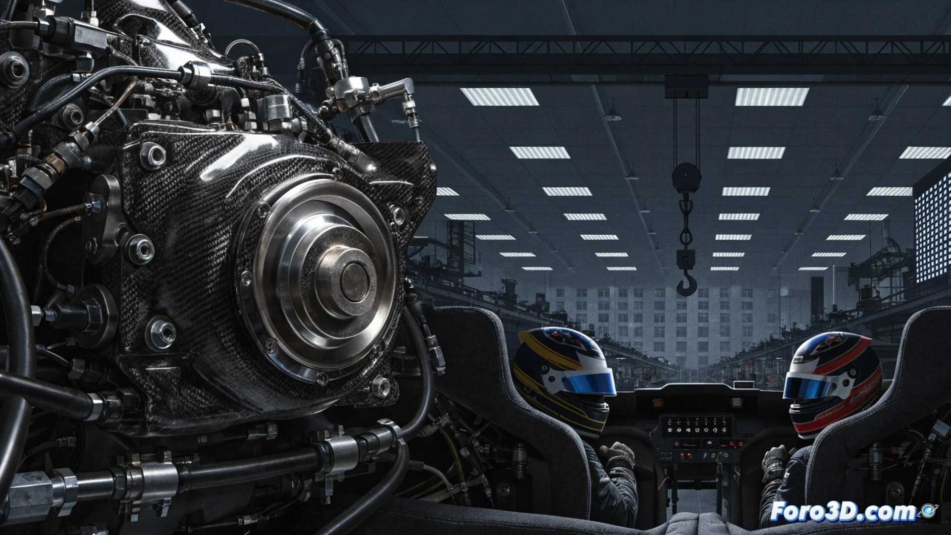 Honda F1 power unit being assembled on a cleanroom workbench, exposed V6 internal components with unfinished ceramic coatings, digital engineering screens showing delayed 2026 timeline projections, Aston Martin AMR26 chassis frame in background awaiting installation, technicians reviewing blueprints with concerned expressions, cinematic technical illustration style, metallic engine block with precision tooling, ambient blue LED workshop lighting, holographic CAD overlay floating above engine, photorealistic engineering visualization, suspended animation atmosphere, high-contrast industrial shadows