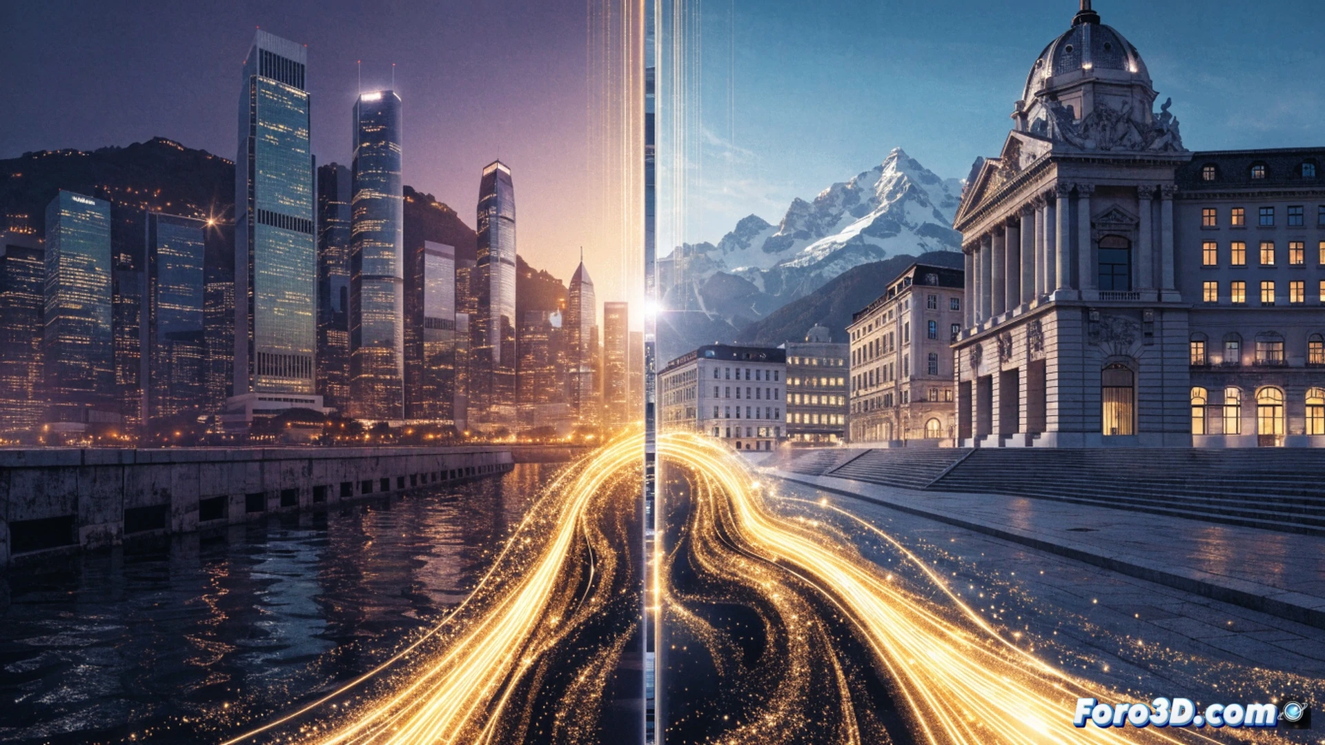 Financial district skyline at dusk, glowing skyscrapers with digital currency streams flowing upward from Swiss bank vaults into Hong Kong towers, golden light trails tracing wealth migration routes across a global map interface, animated bar charts showing tax rates dropping while asset curves rise, cinematic technical visualization with photorealistic glass reflections, holographic balance scales tipping toward Asia, data nodes pulsing on building facades, ultra-detailed urban landscape with motion-blurred financial transactions, dramatic high-contrast lighting, engineering-grade architectural precision