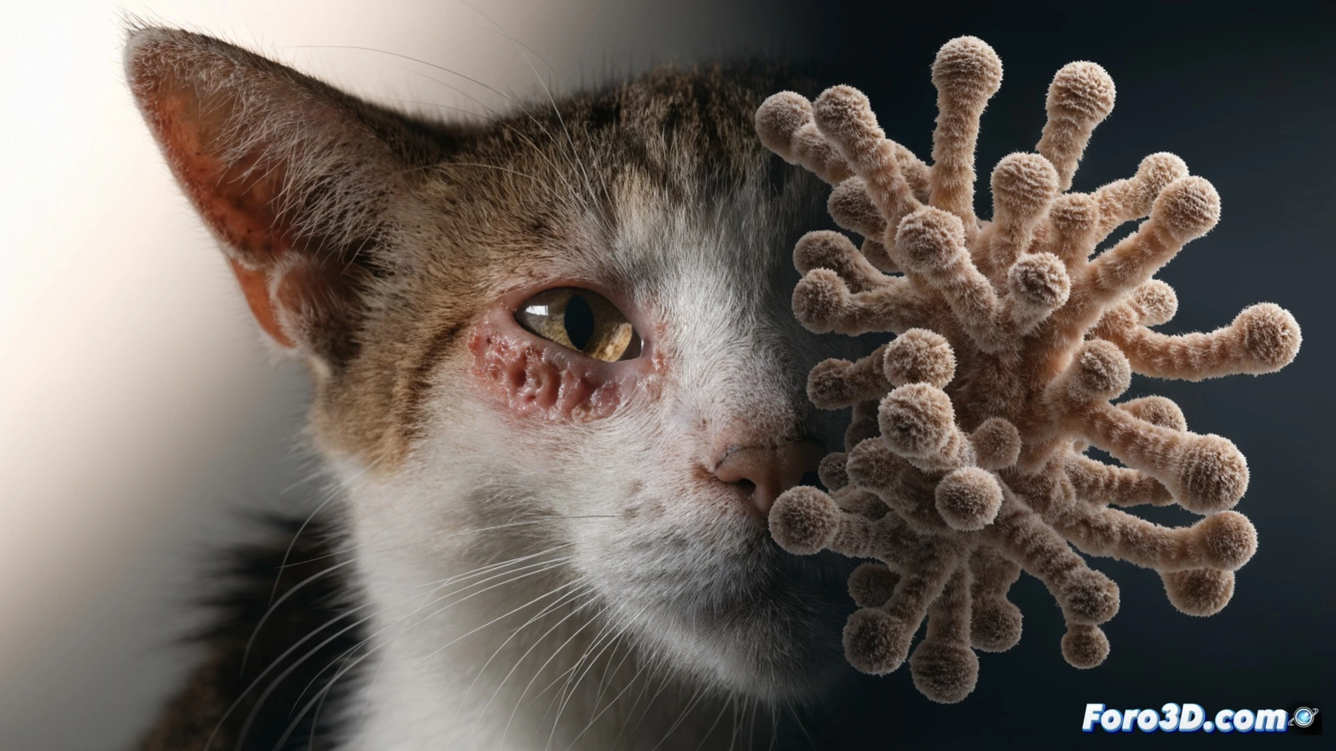 Photorealistic scene of a domestic cat with open-mouthed hiss, visible ulcerated lesions on its nose and paws, claws extended while scratching a torn leather suitcase, microscopic spores floating in golden sunlight, globe map with highlighted South America-to-USA trajectory line, veterinarian in background wearing blue gloves holding a swab near a culture dish, clinical white examination table, dramatic side lighting, ultra-detailed fur texture, medical documentary style, shallow depth of field focusing on infected paw, sterile environment with stainless steel instruments, high-contrast cinematic composition