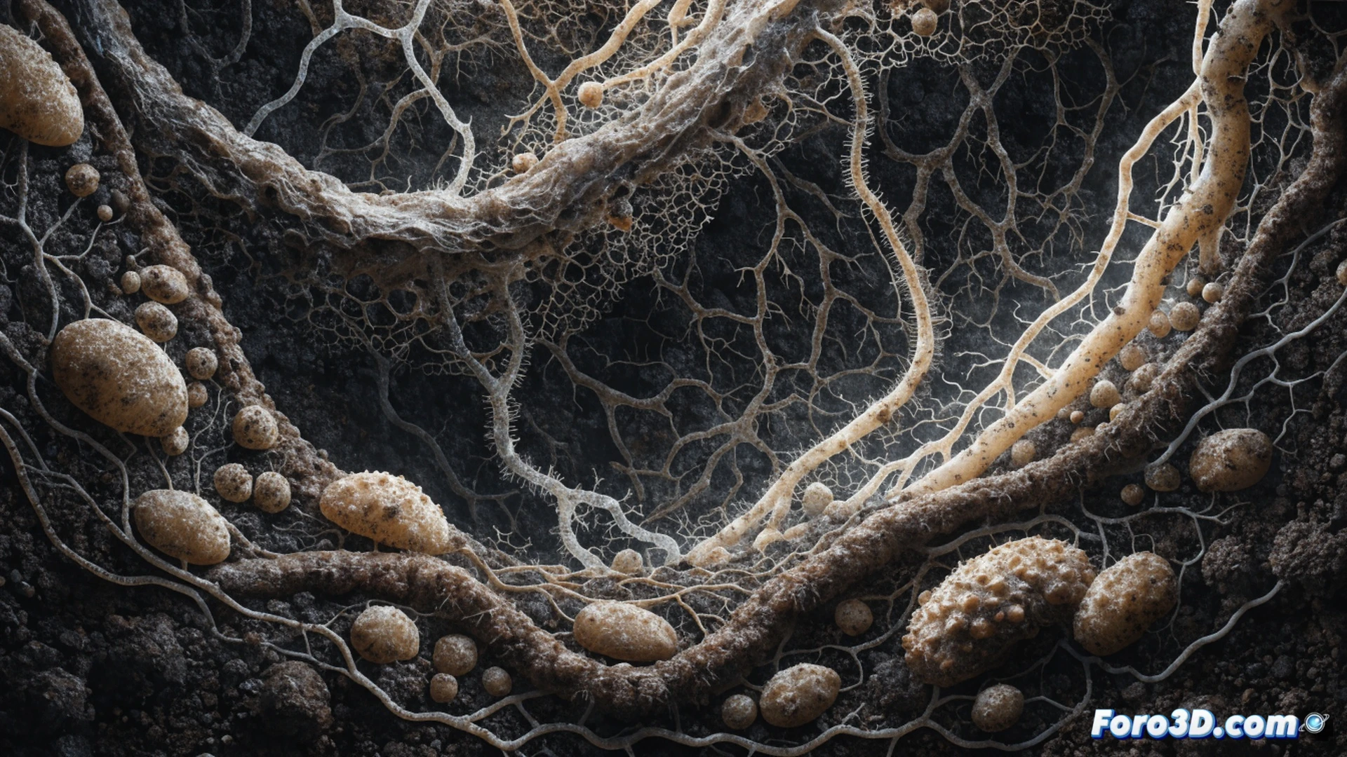Underground mycorrhizal network connecting plant roots, glowing fungal hyphae transferring nutrients and carbon between soil particles, roots intertwining with luminous thread-like fungi, soil cross-section showing layered earth and organic matter, technical scientific illustration style, photorealistic textures, dramatic subsurface lighting with bioluminescent highlights, microscopic detail of fungal filaments attaching to root cells, action of nutrient exchange visualized with flowing light particles, demonstrating symbiotic communication process, ultra-detailed soil structure with mineral grains and organic debris, cinematic underground ecosystem visualization