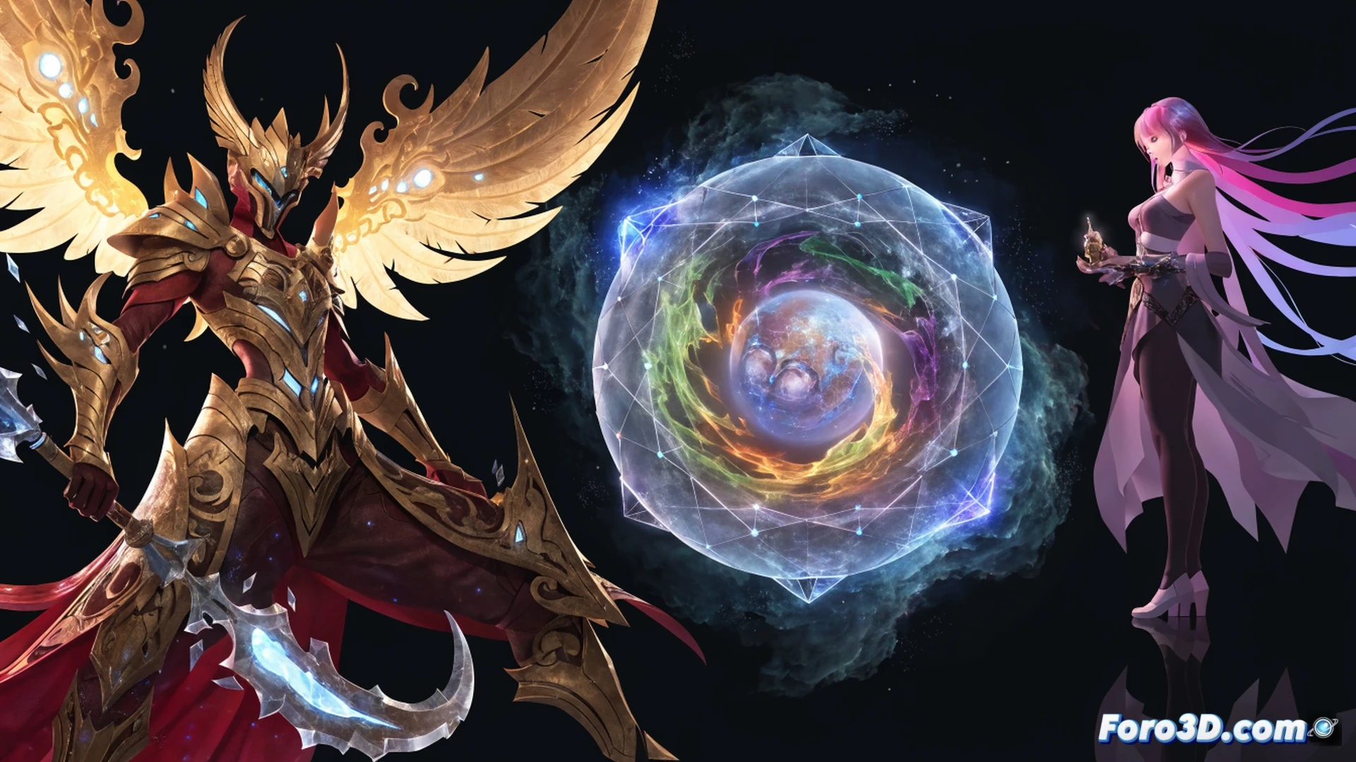 fantasy adventurer holding a glowing crystal device while crouching behind a rocky outcrop, a small winged creature with luminous patterns floating beside them, three distinct digital screens floating in midair showing a turn-based battle interface, a creature collection menu, and a map of interconnected floating islands, vibrant alien flora glowing under a twilight sky with rings and moons, cinematic fantasy illustration, dynamic action pose, glowing particle effects around the crystal, soft volumetric lighting, detailed creature anatomy, high-contrast magical atmosphere, photorealistic fantasy render