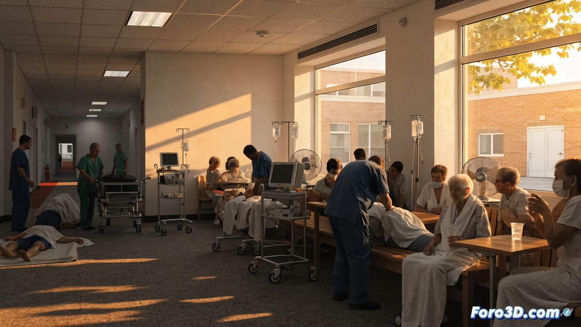 Hospital emergency room overcrowded during 34-degree heatwave, medical staff in blue scrubs treating patients on stretchers in hallways, exhausted nurse checking vital signs on monitor while family members fan an elderly patient, empty IV bags and used cooling towels scattered, digital triage board showing critical status, clinical fluorescent lighting, sweat glistening on foreheads, photorealistic medical documentary style, chaotic yet professional atmosphere, urgent care action scene
