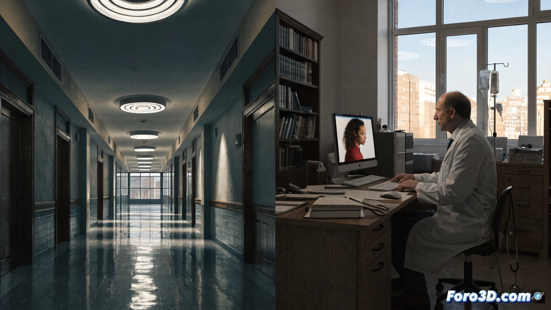hospital corridor with empty patient beds and IV stands, a single doctor standing in front of a locked emergency room door, holding a tablet showing a red warning icon, while a rural ambulance icon on the tablet screen fades into a shadowy rural landscape outside a window, cinematic photorealistic technical illustration, cold fluorescent lighting, blue-gray metallic hospital interior, dust particles in air, doctor's white coat reflecting faint light, dramatic contrast between sterile foreground and dark outdoor scenery, ultra-detailed medical equipment, somber mood emphasizing access inequality