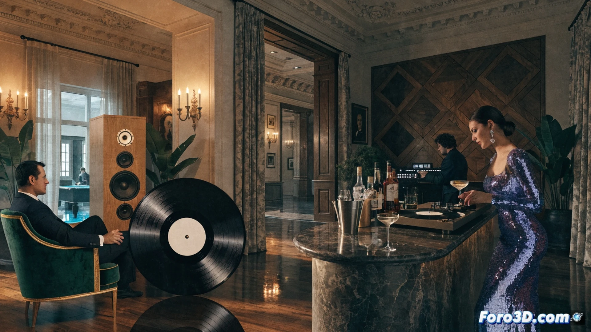 luxury hotel suite transformed into audiophile listening room, hotel guest adjusting a high-end turntable on a marble bar while wearing noise-canceling headphones, wall-mounted vinyl collection visible, glowing vacuum tube amplifier on side table, DJ mixer and studio monitors integrated into minimalist furniture, cocktail glass with condensation next to record sleeve, warm amber and deep blue lighting, acoustic foam panels on ceiling, cinematic photorealistic interior shot, shallow depth of field focusing on vinyl grooves and tonearm, ultra-detailed wood grain and fabric textures, dramatic shadows from track lighting