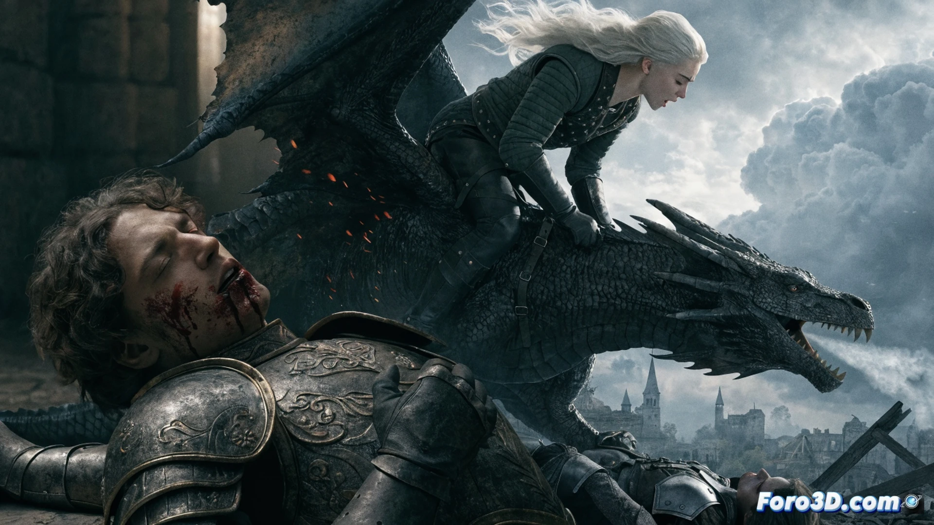Rhaena Targaryen montando a Sheepstealer, un dragón salvaje marrón con escamas irregulares, durante una batalla aérea sobre nubes de tormenta, el príncipe Jacaerys Velaryon sobre Vermax colisionando accidentalmente contra Sheepstealer, alas chocando, garras enganchándose, ambos dragones perdiendo estabilidad, Rhaena con expresión de pánico tirando de las riendas, Jace cayendo al vacío, fuego de dragón dispersándose, nubes oscuras con relámpagos, estilo cinematográfico épico, iluminación dramática con contrastes, texturas realistas de escamas y armaduras, fondo de cielo tormentoso con aerodinámica de vuelo visible, photorealistic render.