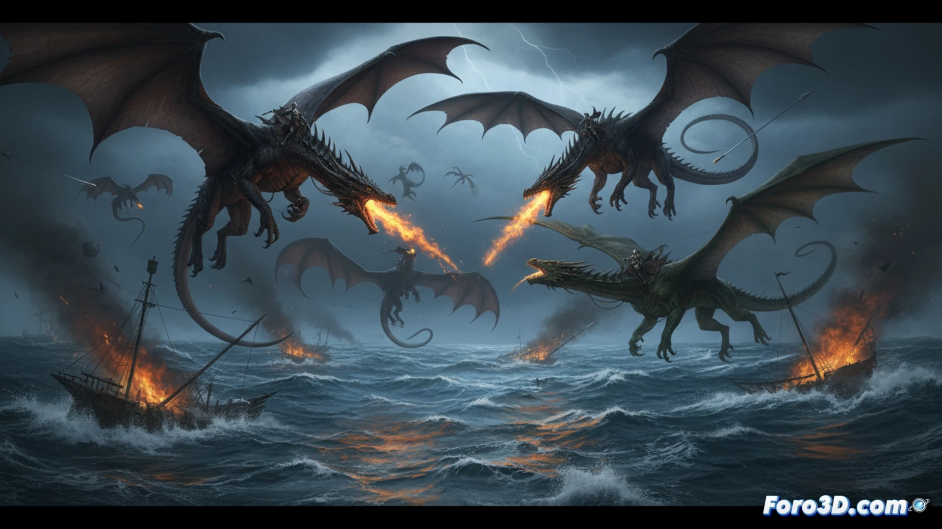 Dos enormes dragones en vuelo de combate sobre un mar tormentoso, sus fauces abiertas liberando llamas anaranjadas que chocan contra un barco de guerra medieval en llamas durante la Batalla de Gullet, velas carbonizadas y mástiles astillados mientras flechas y lanzas atraviesan el aire, agua salpicando contra cascos de madera, alas de dragón generando ondas de choque visibles, estilo cinematográfico épico, iluminación dramática con destellos de fuego, nubes de humo denso, escala masiva mostrando la devastación, fotorealismo técnico con detalles de armadura de escamas y texturas de madera quemada