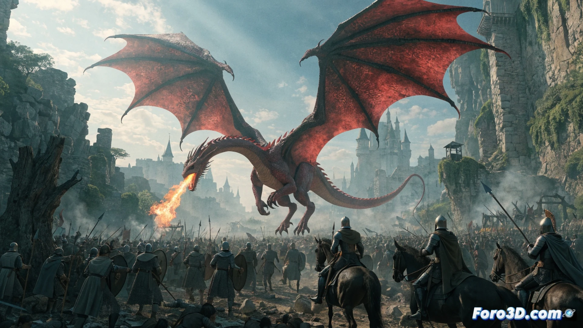 épica batalla aérea de dragones sobre un campo de batalla medieval en llamas, dos dragones en combate cuerpo a cuerpo, garras y colas enredadas mientras jinetes luchan con espadas, soldados de infantería chocando abajo con lanzas y escudos, murallas de castillo derrumbándose por el fuego de dragón, humo y brasas volando, estilo cinematográfico épico de fantasía oscura, iluminación dramática con llamas anaranjadas contrastando cielos tormentosos grises, texturas detalladas de escamas de dragón y armaduras desgastadas, fotorealismo técnico con efectos de partículas de fuego y chispas, gran angular dinámico con desenfoque de movimiento en las alas del dragón
