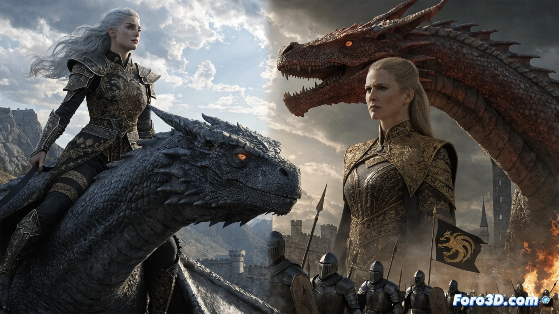 Targaryen war council table with dragon skull props and medieval maps, actors Emma D'Arcy and Olivia Cooke in character costumes performing intense dialogue, camera crew operating ARRI Alexa cinema cameras on dolly tracks, boom microphones hovering above, lighting rigs casting dramatic shadows, action showing a heated argument with hand gestures while script supervisor checks notes, cinematic photorealistic technical illustration, dark stone chamber with candlelit atmosphere, film set cables and monitors visible in background, ultra-detailed fabric textures and armor reflections, dramatic low-angle shot demonstrating production process