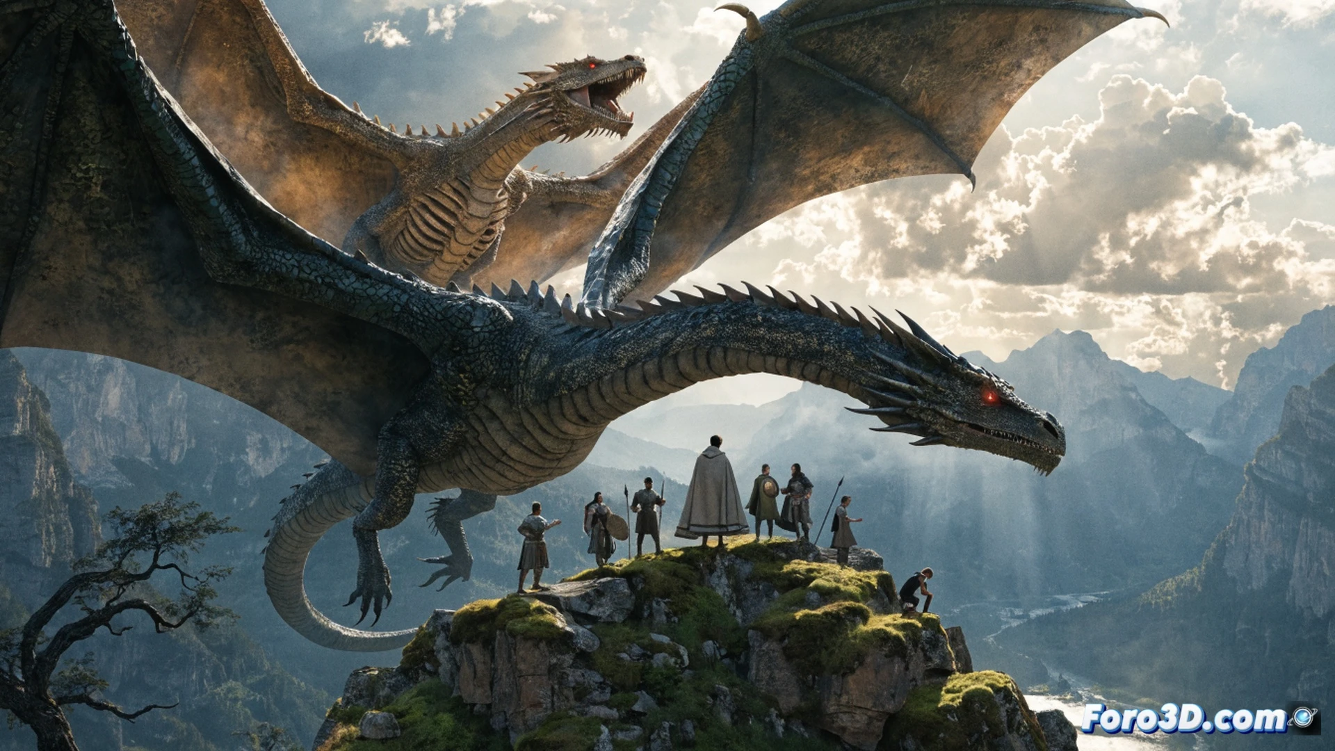 dragons circling above King's Landing, Rhaenyra Targaryen on Syrax diving through storm clouds while Aemond on Vhagar unleashes green fire below, castle walls crumbling from dragon claw impacts, medieval siege weapons firing flaming projectiles, cinematic fantasy visualization, dramatic storm lighting, smoke trails mixing with dragon breath, flying debris and sparks, dark purple sky with lightning strikes, photorealistic epic battle scene, ultra-detailed dragon scales and armor, motion blur on wings, ember particles floating, wide-angle cinematic composition