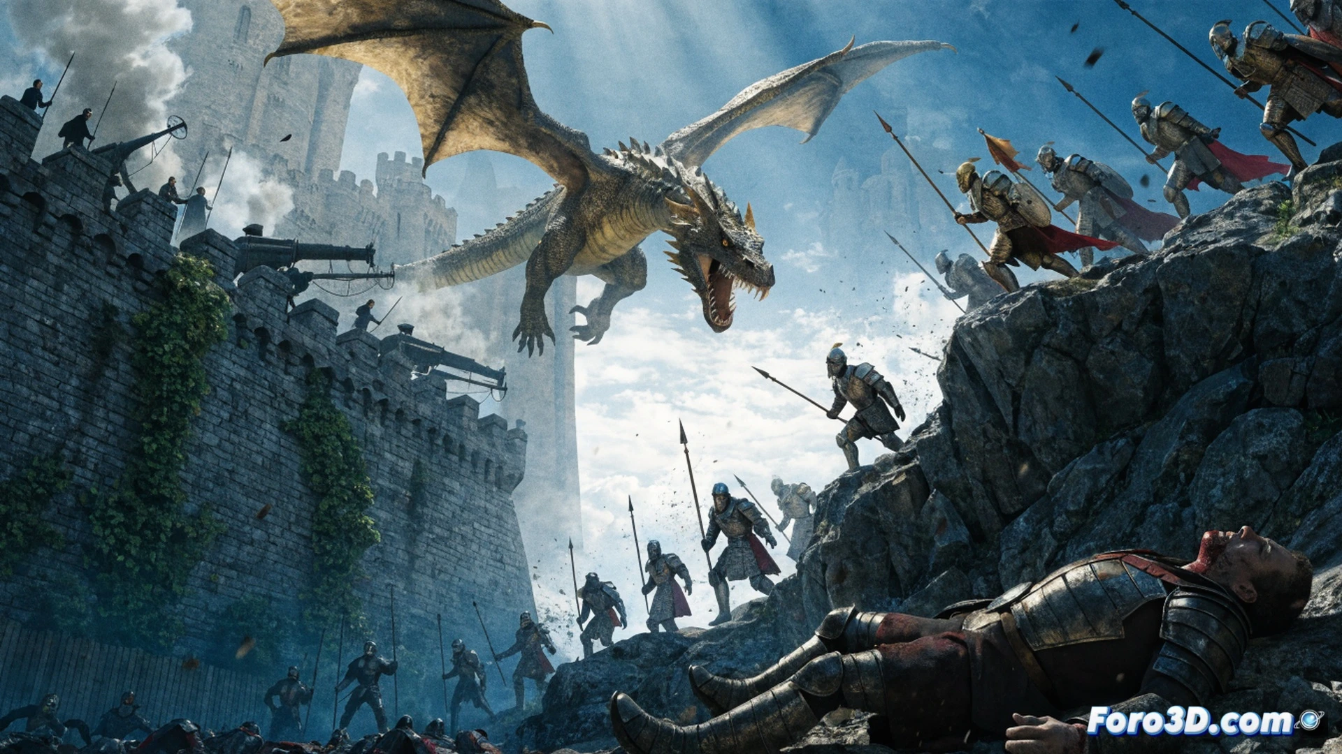 Two dragons locked in mid-air combat above a castle courtyard, black and gold scales tearing into each other, blood spraying across ancient stone walls, a Velaryon ship with torn sails burning in the harbor below, cinematic medieval fantasy visualization, dramatic fire-lit smoke clouds, shattered battlements falling, dragon claws ripping through steel armor, photorealistic epic battle scene, dynamic motion blur on wings, embers swirling in turbulent wind, dark storm clouds with lightning, ultra-detailed dragon anatomy, high-contrast lighting from dragon fire, technical illustration of aerial combat physics