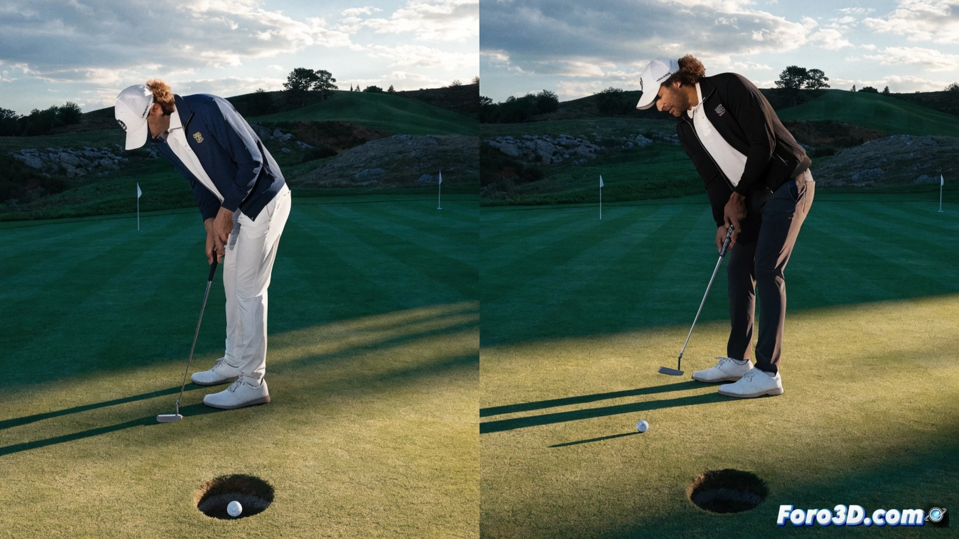 green fairway at sunset, Viktor Hovland celebrating with fist pump after sinking a two-meter birdie putt, Scottie Scheffler crouching in disbelief watching a one-meter putt lip out of the hole, golf ball spinning millimeters from the cup edge, grass blades disturbed by ball rotation, high-speed motion freeze-frame capturing the exact moment of failure, photorealistic sports photography style, dramatic golden hour lighting casting long shadows, ultra-detailed putting green texture, tension in body language, cinematic depth of field with crowd blurred in background, technical precision in ball trajectory analysis