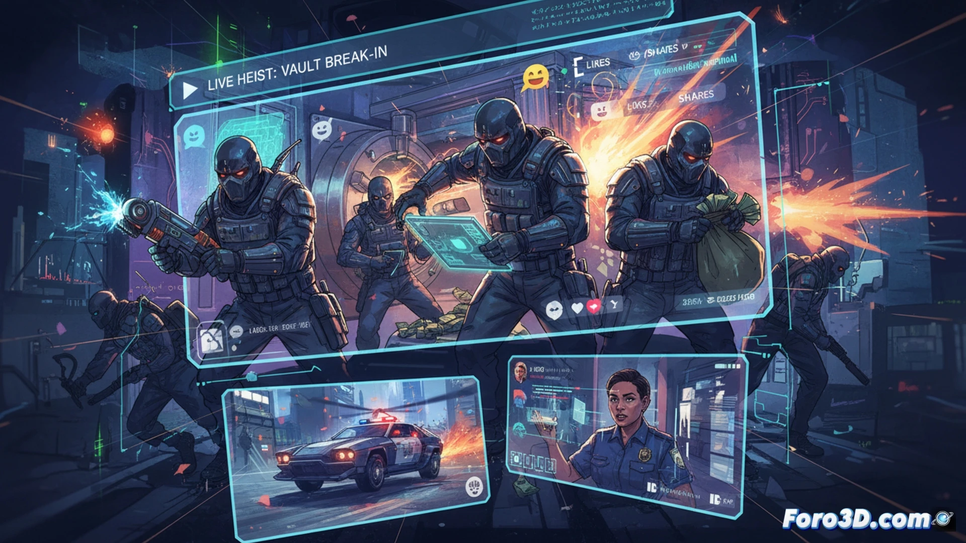 cinematic shot of four masked hackers crouching behind servers in a dark data center, one holding a smartphone livestreaming their faces, another typing on a laptop displaying a live feed counter with millions of viewers, server rack LEDs blinking red and blue, police flashlights sweeping through the corridor outside, smoke from a smoke grenade, motion blur on running figures, glowing screen reflections on ski masks, photorealistic heist thriller style, dramatic low-key lighting, ultra-detailed metal server cabinets and cable bundles, tense action freeze-frame