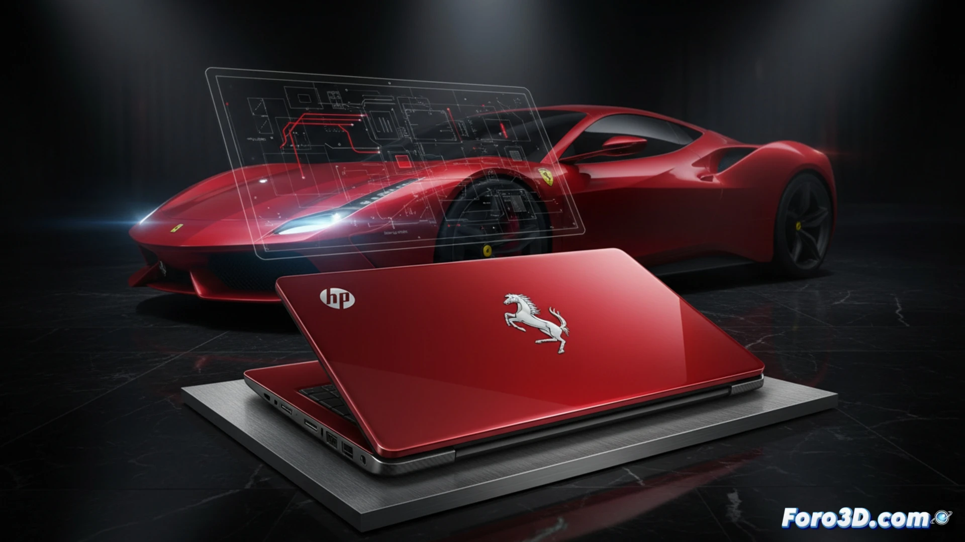 Luxury laptop with Ferrari red carbon fiber casing being disassembled by a robotic arm in a tech lab, revealing identical internal hardware compared to a standard gaming laptop next to it, price tags floating above both devices showing extreme markup disparity, glowing circuit traces and cooling fans exposed during the comparison process, dramatic spotlight emphasizing the cavallino rampante logo while the internal components remain visibly unchanged, technical engineering visualization with cross-section view, metallic and matte textures contrasting, photorealistic industrial render, cinematic shadowing highlighting the marketing strategy