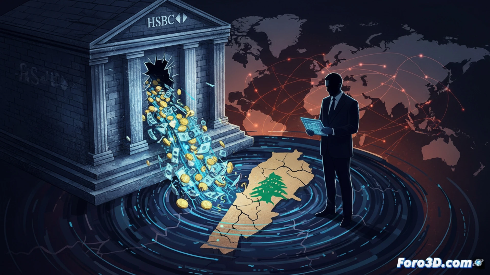 Swiss bank vault interior, hooded figure placing stacks of dollar bills into a hidden compartment beneath a marble floor, glowing transaction lines on a digital tablet showing fund flows from Beirut to Zurich, forensic investigators examining ledgers and laptops in background, dramatic overhead spotlight casting long shadows, ultra-detailed financial documents and banknote textures, photorealistic cinematic style, high-contrast noir lighting, dust particles in beam, technical evidence-gathering scene