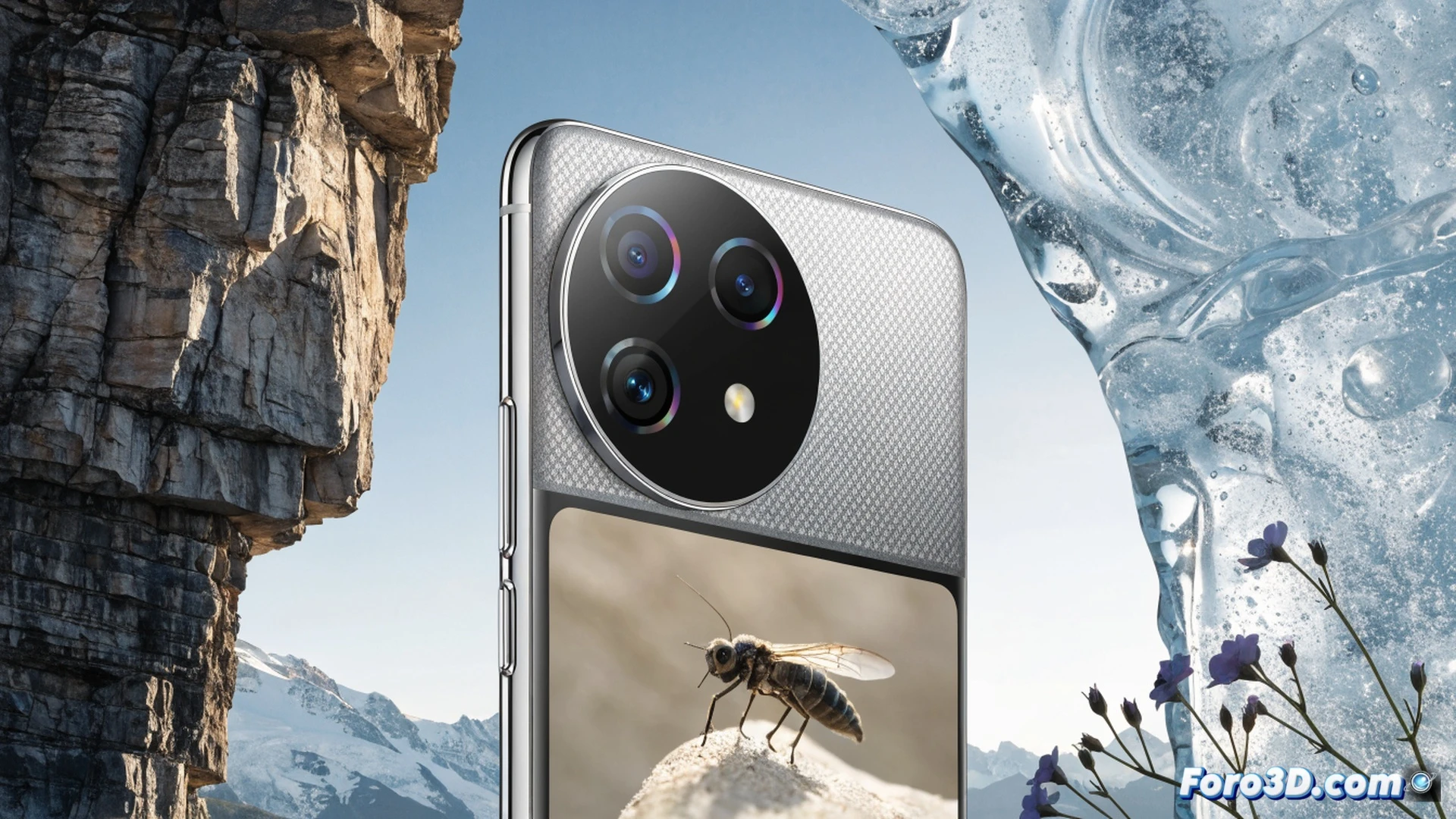 photorealistic technical scene of a traveler holding a Huawei Mate 80 Pro smartphone while standing on a cobblestone street at golden hour, phone screen displaying a macro shot of a flower petal with extreme detail, the triple-lens camera system visible on the back of the device, a professional DSLR camera resting unused inside an open backpack nearby, demonstrating the phone replacing bulky gear during travel, cinematic lighting with warm sun rays and soft shadows, ultra-detailed lens reflections, realistic textures on stone and fabric, engineering visualization style emphasizing optical precision
