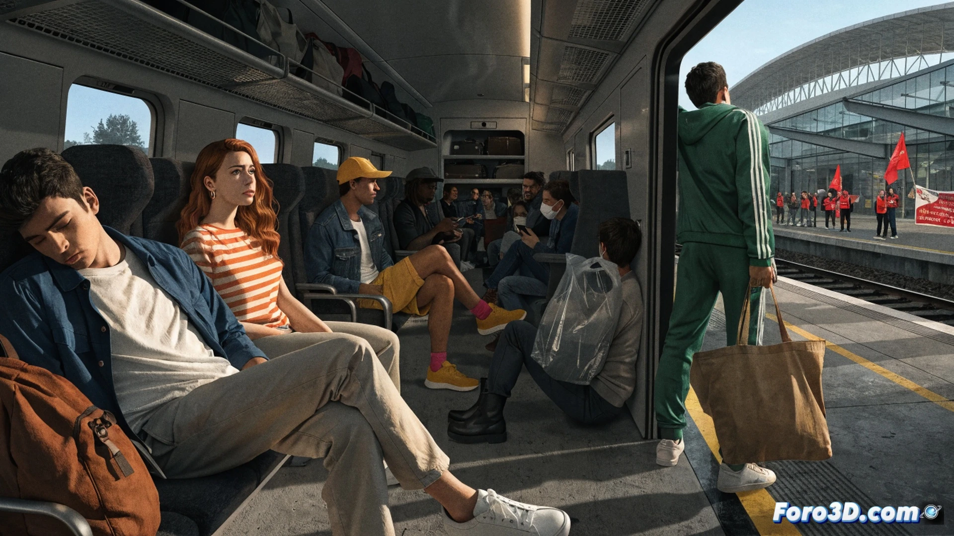 Multitud de pasajeros en andén vacío esperando junto a pantalla de horarios con mensajes de cancelación, tren AVE detenido en vía sin movimiento, personal ferroviario con herramientas técnicas revisando panel eléctrico bajo locomotora, maletas abandonadas cerca de taquillas cerradas, reloj analógico marcando hora de salida sin tren presente, estilo cinematográfico fotorrealista, iluminación industrial fría, atmósfera tensa de caos operativo, detalles realistas de infraestructura ferroviaria y señalización