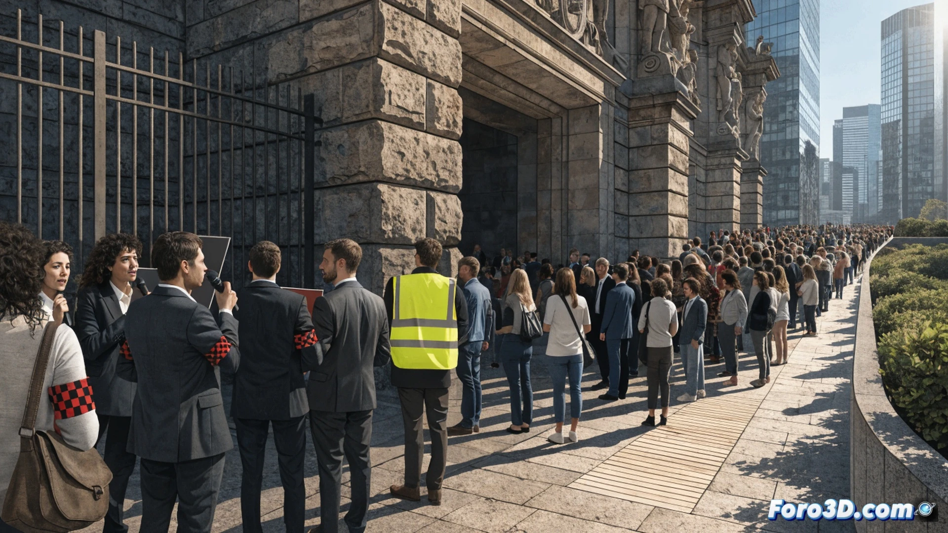 long queue of museum visitors stretching through a modern glass entrance hall, frustrated people checking phones while waiting, museum staff standing behind empty information desks with folded arms, security guard redirecting crowd, contemporary art visible through floor-to-ceiling windows, dim indoor lighting contrasting with bright outdoor sun, cold steel and concrete architectural details, cinematic photorealistic style, wide-angle lens capturing depth of the queue, tense atmosphere with subtle body language of impatience, ultra-detailed textures of glass and metal