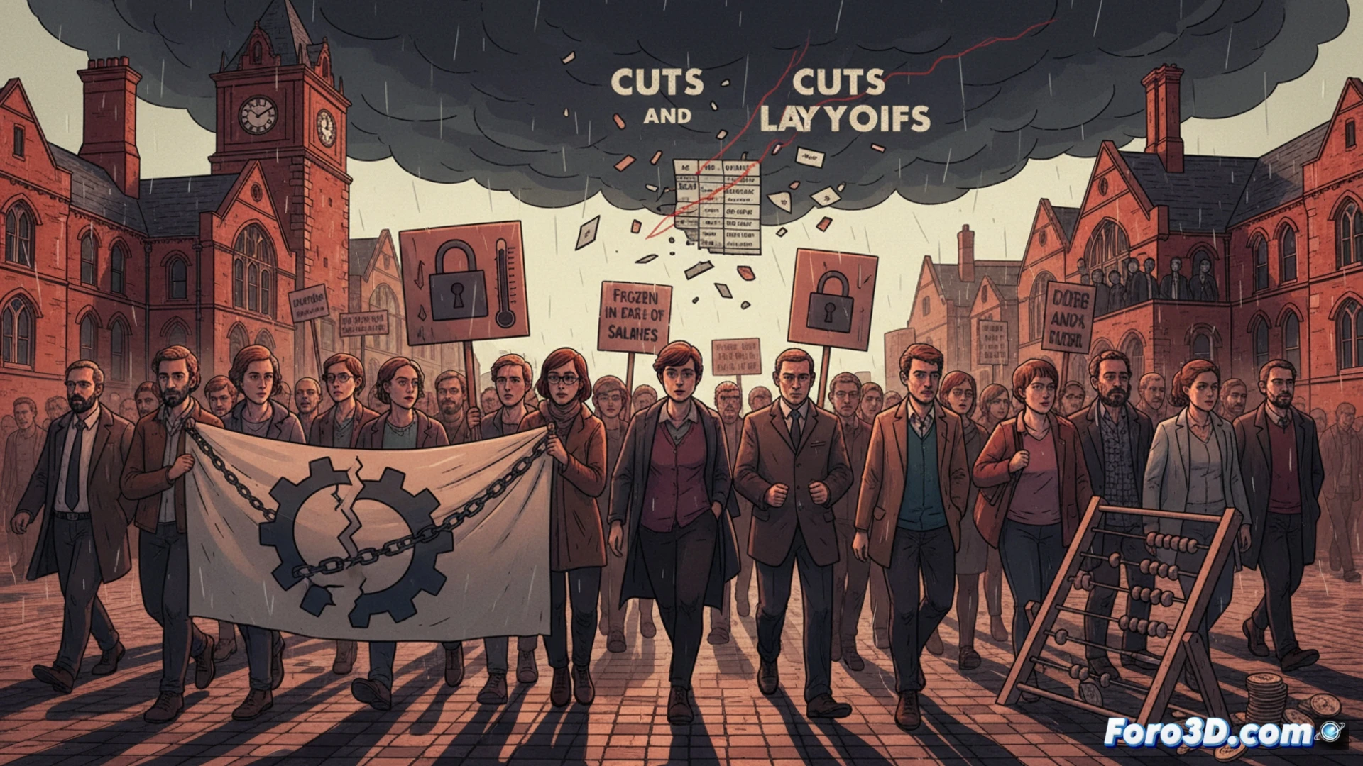 Goldsmiths University campus entrance blocked by striking academic staff holding placards, administrative office windows visible in background with closed blinds, a payroll document being torn in half by a protester, frozen salary clock display showing zero percent increase, empty lecture halls through glass doors, cinematic photorealistic style, overcast London daylight, dramatic shadows from protest banners, worn university signage, tension visible in body language of staff forming a picket line, detailed brickwork and institutional architecture, realistic fabric textures on clothing, documentary-style technical illustration