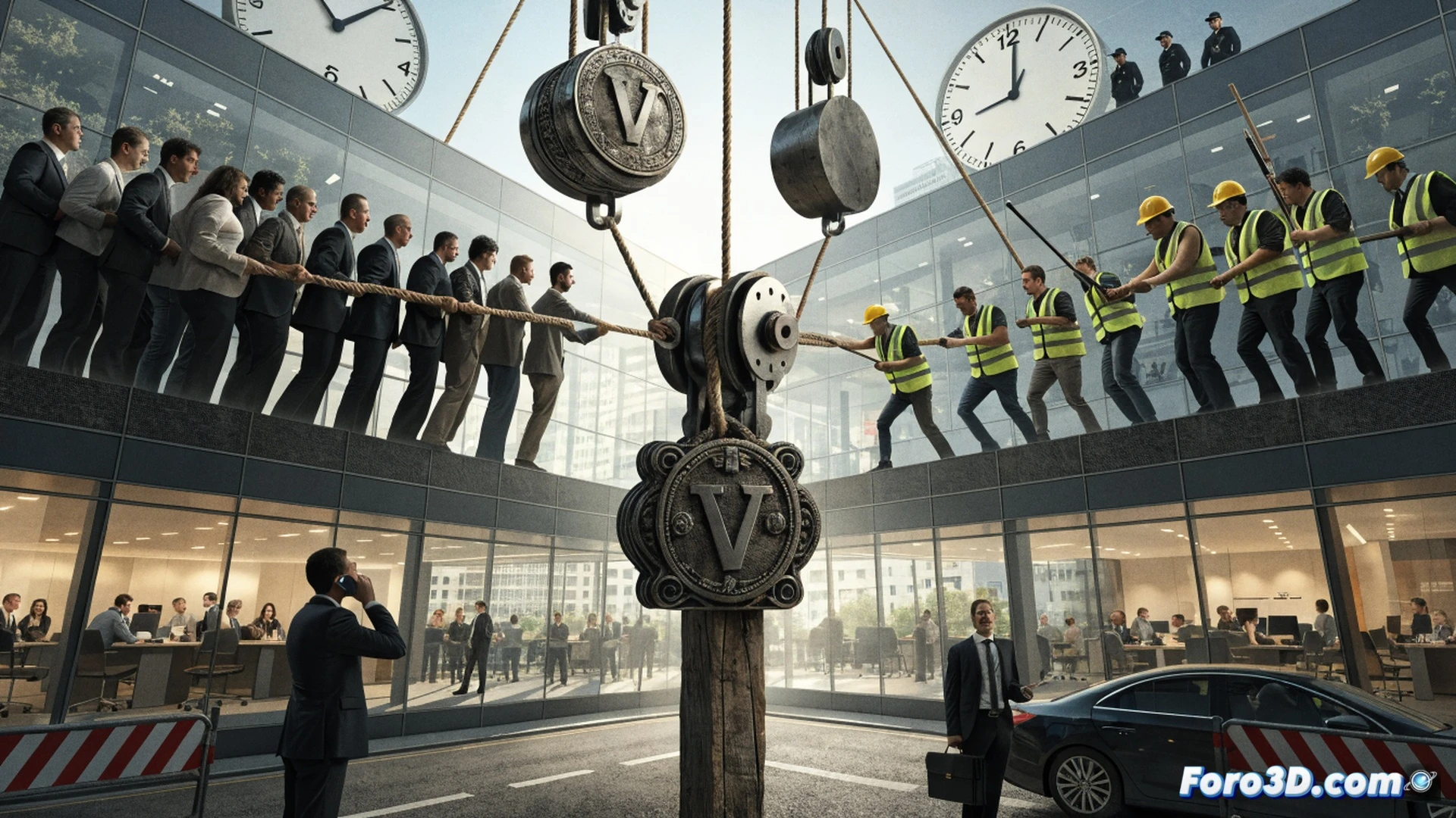 Photorealistic cinematic scene of a Postbank office interior during strike preparation, union members in red vests holding placards near a payment terminal, server racks blinking red warning lights in background, bank employees scanning documents with a delayed processing interface showing error messages, a digital clock displaying June 17, scattered papers with salary charts and 8 percent increase calculations on a desk, Verdi union logo on a laptop screen, tense atmosphere with crossed arms and serious expressions, dramatic shadows from overhead fluorescent lights, technical illustration style, ultra-detailed banking equipment and hardware, motion blur on a spinning coin caught mid-air, industrial cold color palette.