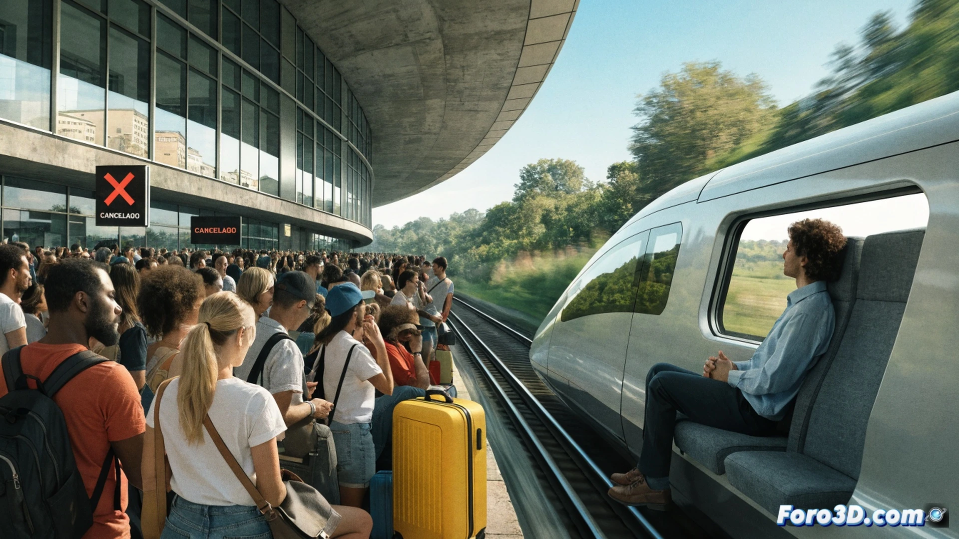 passengers waiting on a crowded platform during a railway strike, 320 cancelled trains displayed on a digital departure board with red status indicators, Renfe AVE high-speed train stationary in the background, maintenance workers in reflective vests inspecting tracks, service reduction percentages shown on a control room monitor, cinematic engineering visualization, moody overcast lighting, empty train tracks contrasting with packed platforms, realistic digital signage with glowing red cancellations, photorealistic technical illustration, dramatic industrial atmosphere, detailed railway infrastructure