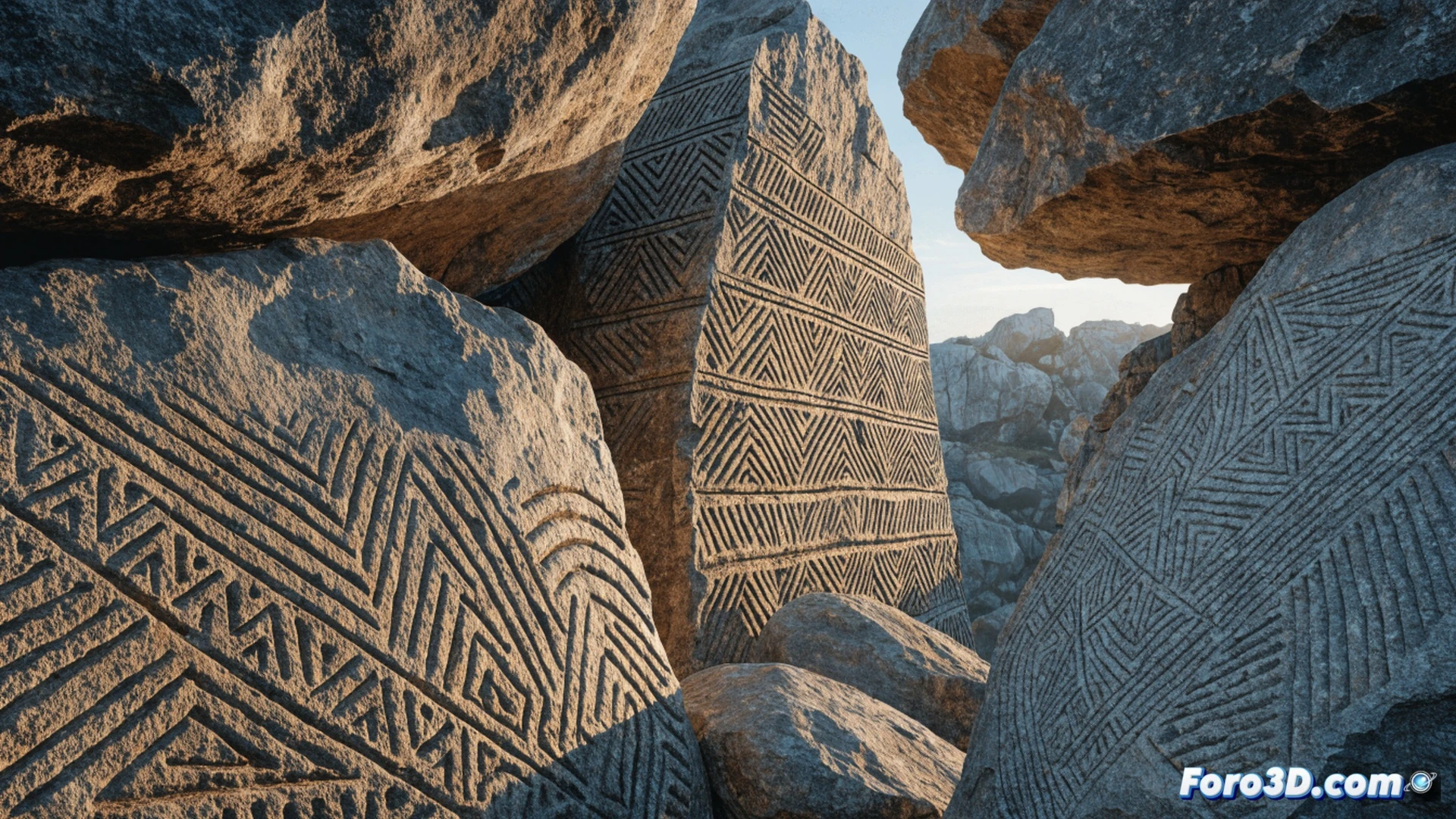Ancient petroglyph carving scene in Swedish coastal rock, two hands pressing into stone simultaneously leaving matching palm prints, a third hand guiding a stone chisel near the impressions, sunlight casting long shadows across weathered granite surface, moss growing in cracks, scattered quartz flakes from carving process, archaeological tools visible nearby including measuring scales and brushes, cinematic documentary style, dramatic low-angle lighting emphasizing depth of carved lines, ultra-detailed rock texture, photorealistic historical visualization, warm golden hour atmosphere