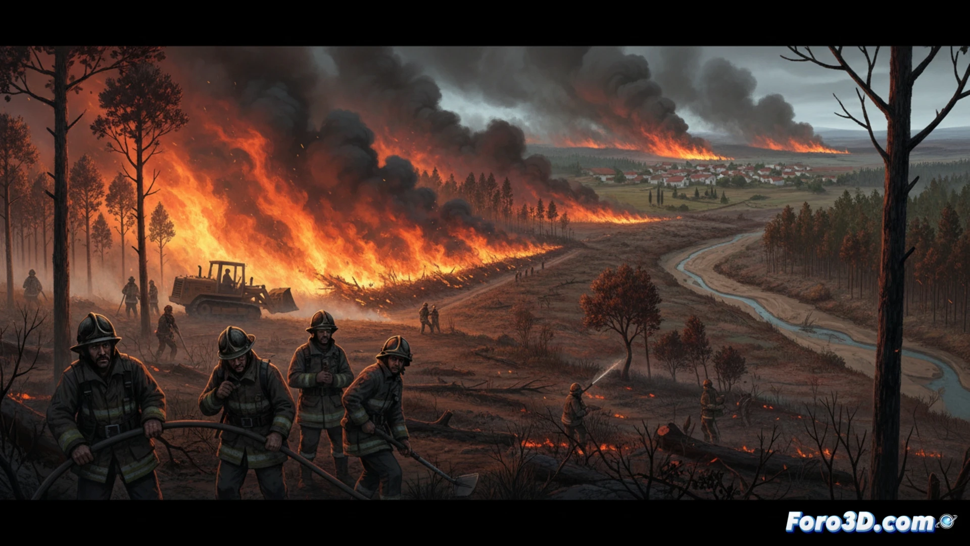 Aerial view of a wildfire consuming a dry forest in Huelva, Spain, a neglected firebreak line overgrown with dry brush failing to stop flames, an abandoned watchtower with broken solar panels and a rusted weather station in the foreground, while a distant helicopter drops water, cinematic photorealistic environmental crisis scene, dramatic orange smoke and dark ash clouds, intense heat haze distorting the horizon, ultra-detailed charred trees and glowing embers, realistic disaster visualization