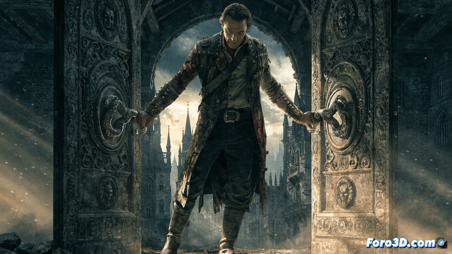 cinematic scene of Hugh Jackman as Van Helsing in a gothic laboratory, holding a vintage wooden stake and mechanical crossbow, surrounded by glowing vampire hunting tools and technical schematics on a holographic display, while a shadowy vampire shape looms in the background, dramatic blue and amber lighting, photorealistic render, action pose with cape flowing, detailed leather costume and silver weaponry, dark atmospheric fog, high contrast cinematic composition