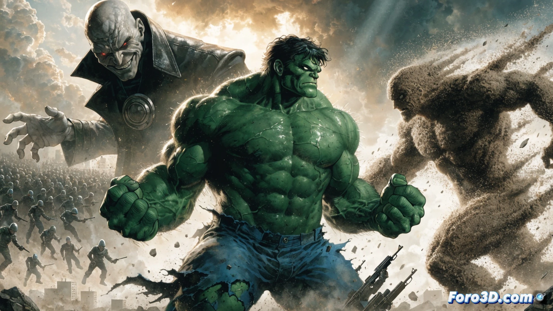 Classic Hulk smashing through an army jeep while the Leader controls soldiers via a glowing neural helmet device, sand particles from Sandman swirling around the scene, 1969 comic book style with vintage halftone dots, dramatic action pose, Hulk’s fists raised mid-punch, military vehicles overturned, chaotic battlefield, retro comic panel composition, cinematic lighting with high contrast shadows, technical illustration aesthetic, detailed machinery and weaponry, photorealistic render with comic texture overlay