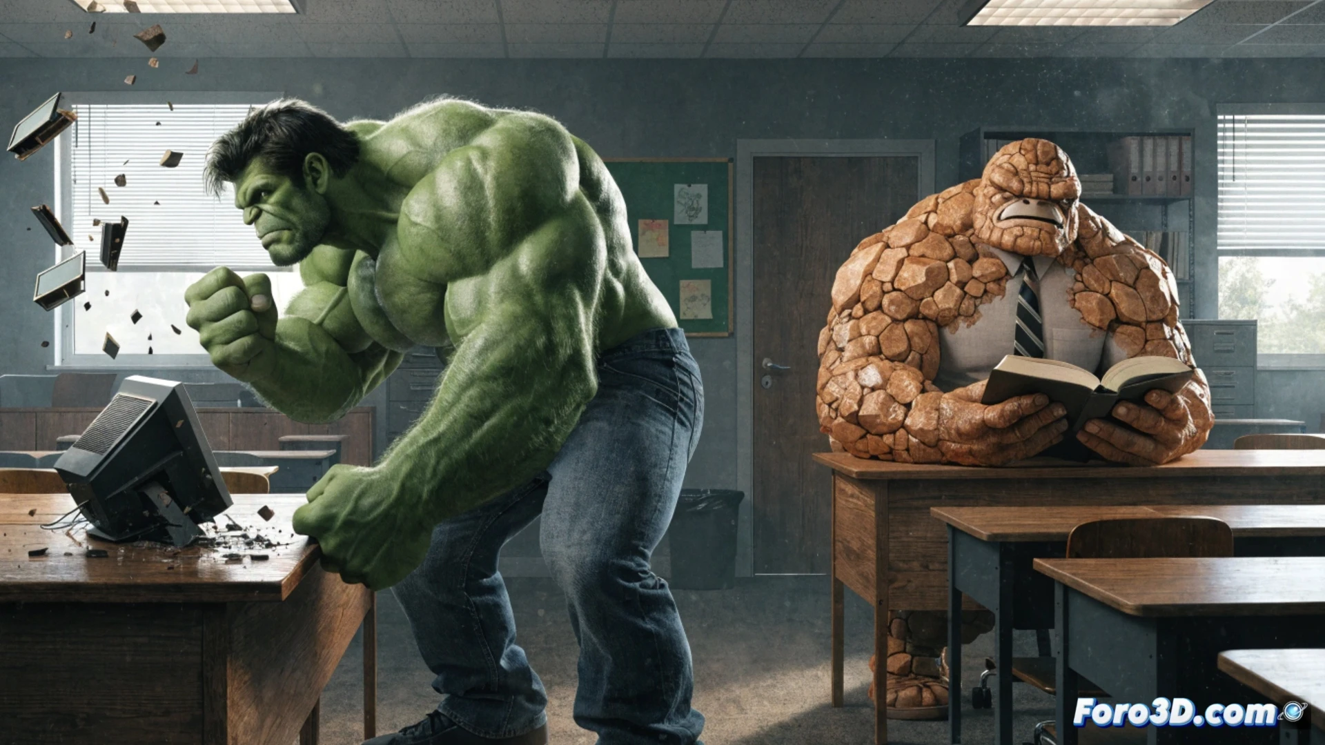 Hulk y La Cosa como profesores en un aula de secundaria. Hulk escribe en la pizarra mientras La Cosa sostiene un libro. Adolescentes sorprendidos, pupitres rotos y tiza volando. Colores vibrantes, estilo cómic Marvel.
