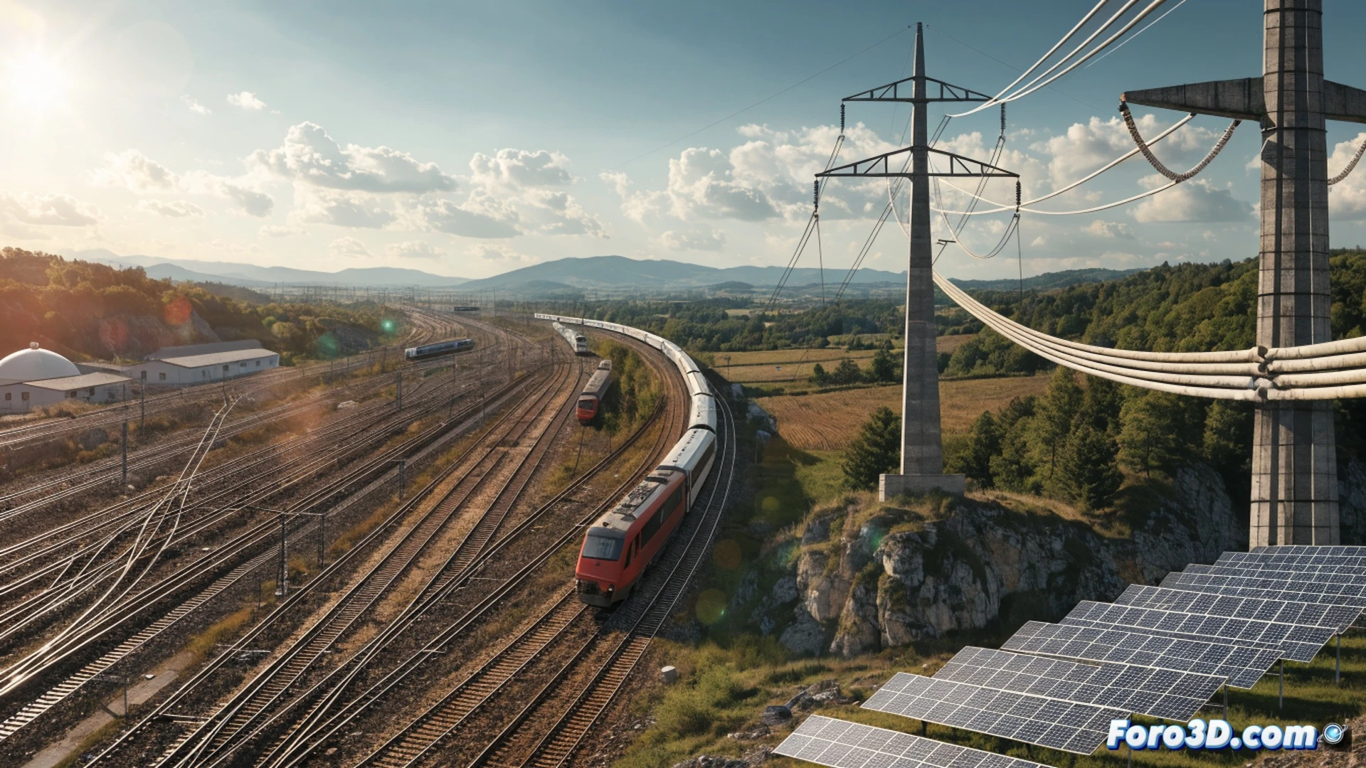 high-speed electric train passing through a modern railway junction, overhead power lines discharging blue sparks during contact, energy meters and grid infrastructure panels glowing with activity, construction workers inspecting new tracks and housing foundations nearby, photorealistic engineering visualization, bright daylight with sharp shadows, metallic surfaces reflecting sunlight, detailed mechanical components on train bogies and pantograph, dramatic wide-angle perspective showing progress and motion, technical illustration style with precise industrial detail
