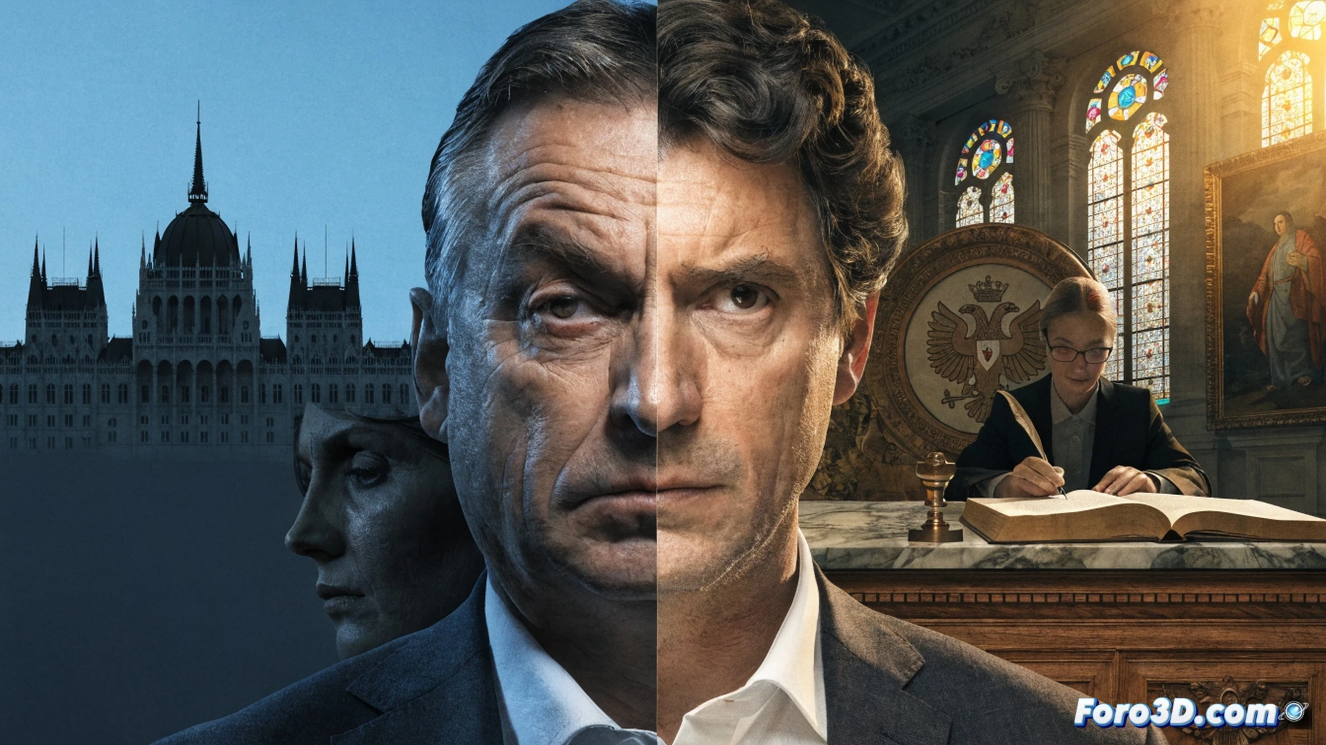 Hungarian parliament chamber in session, a gavel striking a wooden block while a document labeled constitutional amendment is being signed by a politician, a portrait of Viktor Orban being removed from the wall by a technician, a broken chain symbolizing term limits lying on the desk, cinematic photorealistic technical illustration, dramatic overhead lighting, polished marble floor reflecting the scene, ultra-detailed legislative environment, democratic transition symbolism