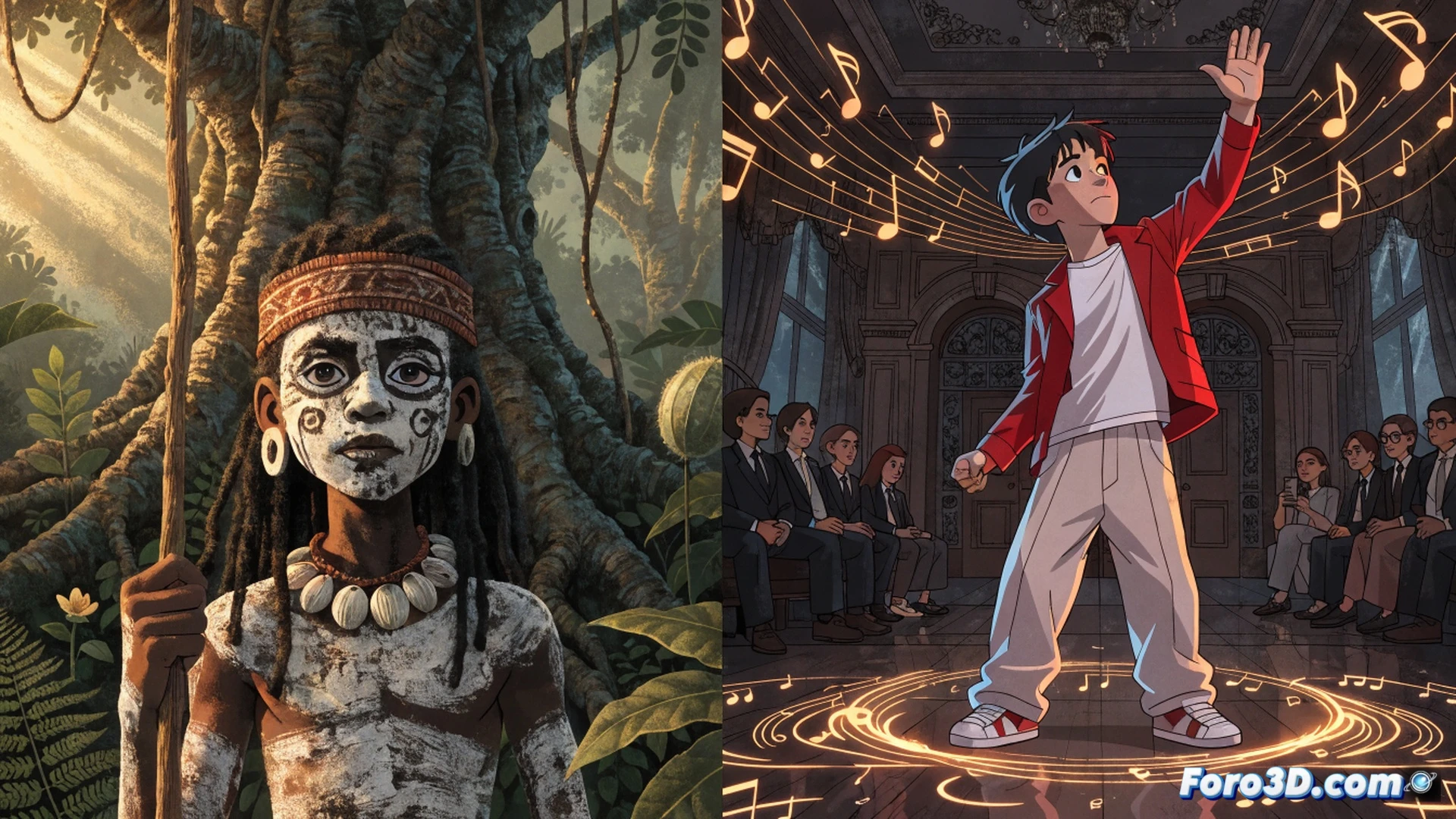 Hungarian animator adjusting character rig on dual-monitor workstation, software timeline showing keyframes for Amazonian initiation scene, child signing to musical notes floating from headphones, storyboards pinned to wall depicting forest spirit transformation, cinematic technical illustration style, glowing blue wireframe overlaid on character model, stylized 2D animation cells stacked nearby, dramatic backlight from monitor screens casting shadows, ultra-detailed drawing tablet with stylus in motion, photorealistic studio environment