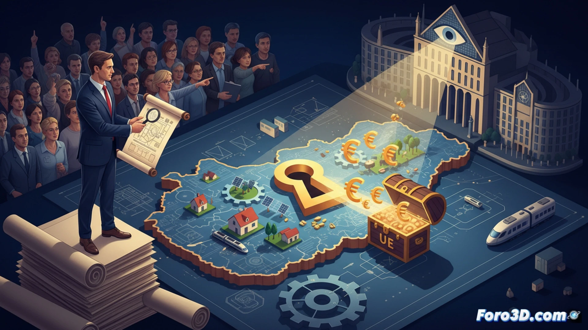 Hungarian EU funds document being stamped with a transparency seal by a European Parliament official, while a railway construction blueprint and housing project diagram lie beneath, holographic padlock icons breaking apart above the papers, cinematic technical illustration, photorealistic engineering visualization, dramatic overhead lighting casting shadows on bureaucratic desk, metallic pen touching the document, glowing green approval indicators on a laptop screen showing budget allocation charts, macro detail of ink absorbing into paper fibers, ultra-sharp focus on official stamping action