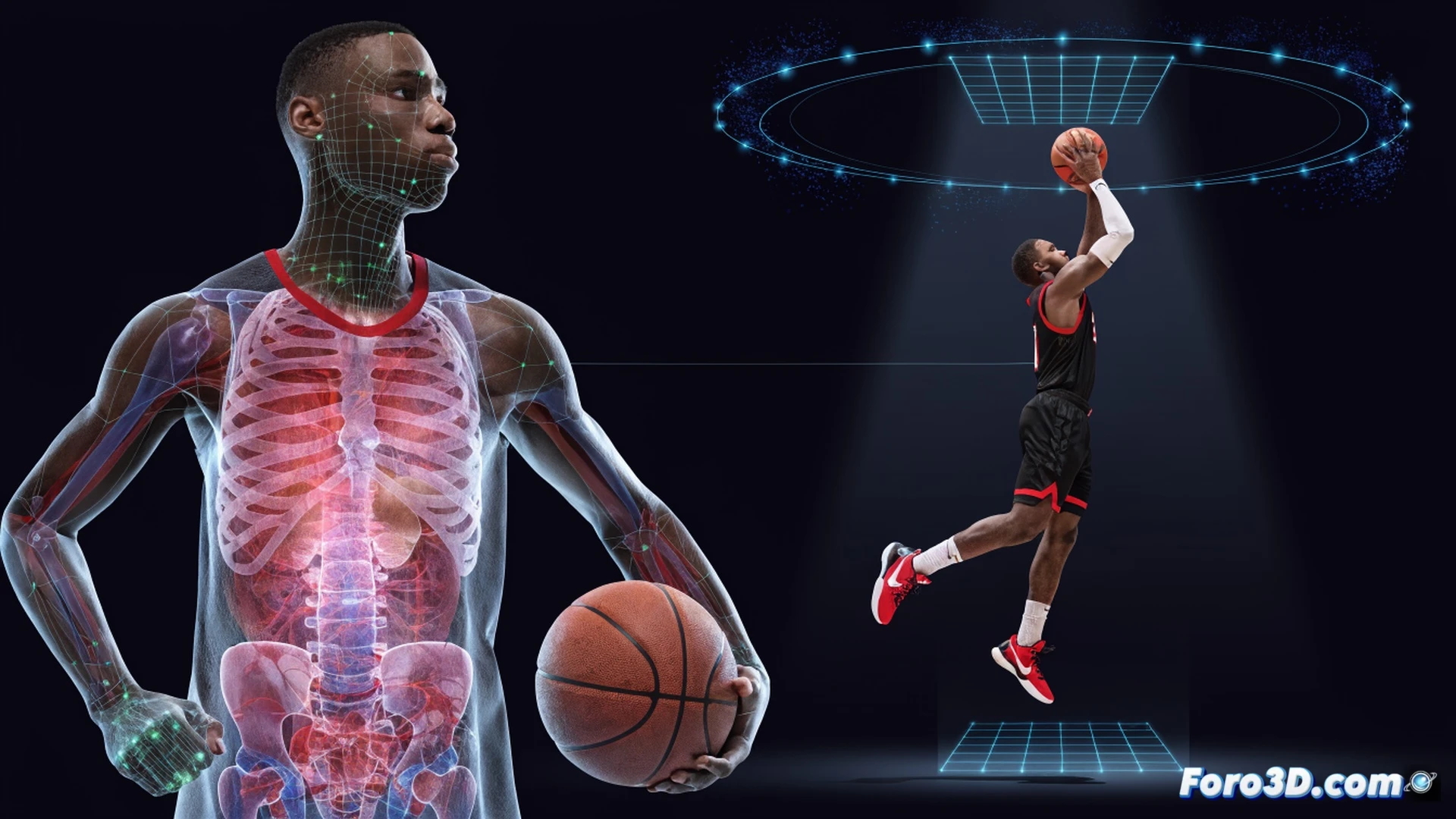 basketball player mid-shot release, three-dimensional biomechanical analysis overlay showing joint angles and muscle activation, motion capture markers on shoulders and hips, trajectory arc illuminated with glowing statistical data lines, court background with heatmap zones, cinematic technical illustration style, high-contrast studio lighting, photorealistic render, detailed muscle definition under jersey, basketball spinning with motion blur, floor reflections, dramatic shadowing