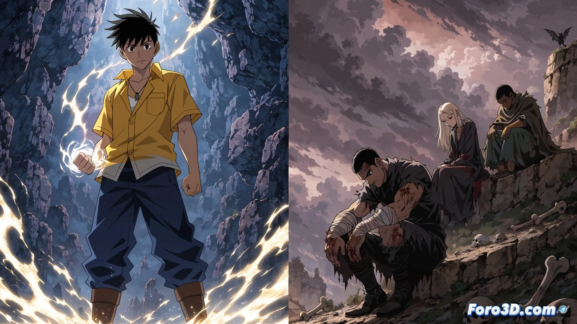 young boy with spiky green hair standing on a cracked stone floor, facing a massive shadowy figure with glowing eyes, boy's right hand glowing with bright blue energy, intricate Nen aura patterns swirling around his arm like electrical circuits, broken chains hanging from the ceiling, dark cave environment with jagged rocks, dust particles suspended in air, dramatic side lighting casting long shadows, cinematic anime style, photorealistic rendering, high contrast, volumetric fog, detailed texture on stone and metal, dynamic action pose, tension visible in boy's facial expression, glowing energy particles dispersing, technical illustration of energy flow patterns