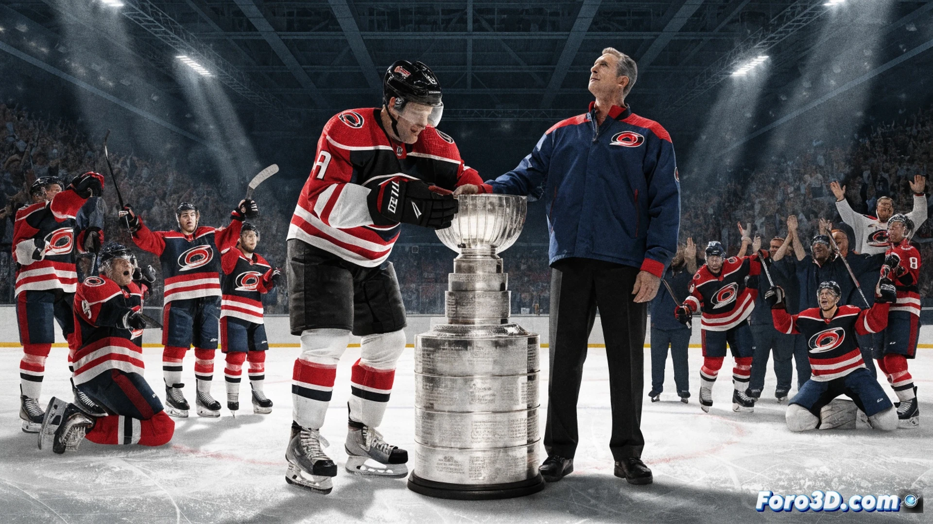 Hockey arena ice surface during championship celebration, Carolina Hurricanes players lifting Stanley Cup above their heads while confetti falls, Rod Brind'Amour in coaching suit standing at center ice holding trophy with one hand raised, digital schematic overlay showing team formation analysis and player movement data on transparent holographic displays around the rink, technical engineering visualization with glowing blue and red tactical lines tracing passing routes and defensive positions, photorealistic cinematic lighting from arena spotlights creating dramatic shadows on ice, ultra-detailed crowd in stands with waving rally towels, motion blur on falling confetti particles, realistic sweat and ice spray on players' jerseys, high-contrast industrial arena atmosphere