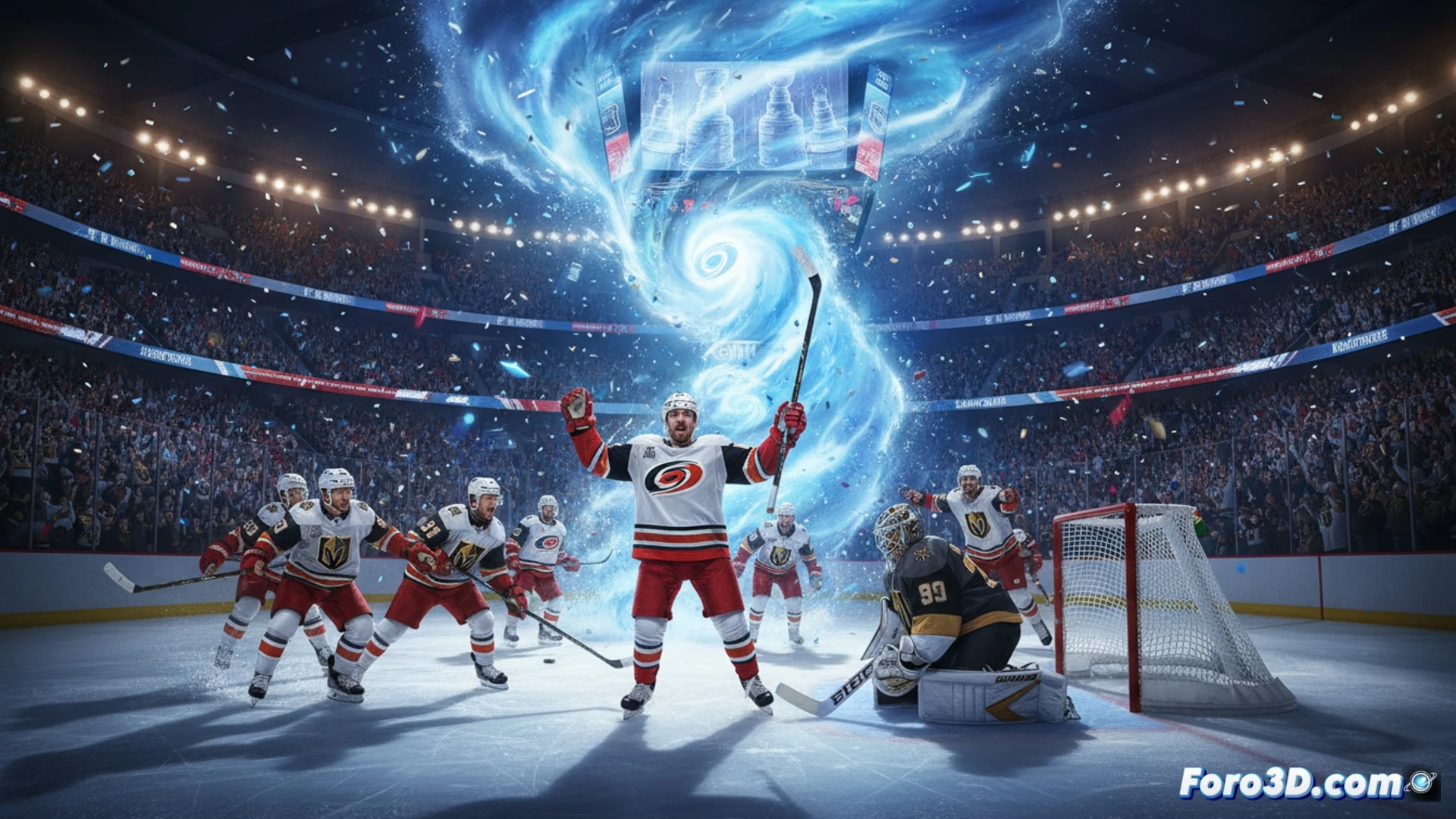 Hockey player in white jersey celebrating in front of net, stick raised after scoring, puck entering the top corner past a goalie in dark uniform, ice chips flying, arena lights reflecting off wet ice surface, teammates rushing toward scorer, dramatic cinematic sports photography style, dynamic motion blur on sticks and puck, frozen water particles suspended in air, intense crowd blur in background, high contrast lighting from overhead spotlights, photorealistic action shot with shallow depth of field
