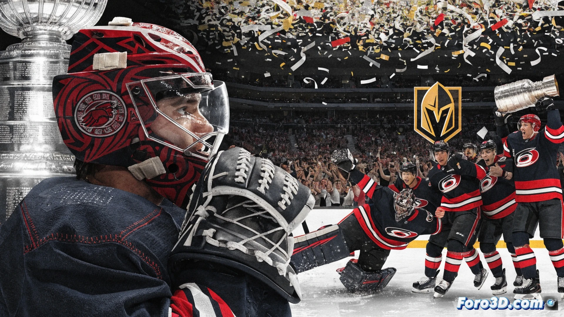 Hockey arena ice surface during Stanley Cup final victory, Carolina Hurricanes goalie Bussi in full gear making a glove save in overtime, puck frozen mid-air against bright red goal light, Vegas players collapsing in defeat, crowd rising with arms up, confetti falling, photorealistic sports photography style, dramatic arena lighting from overhead, ice spray particles frozen in motion, stick blades scraping ice surface, net mesh detail visible, ultra-sharp focus on goalie mask and glove, cinematic action freeze-frame, emotional victory moment, deep shadows contrasting with bright ice reflection