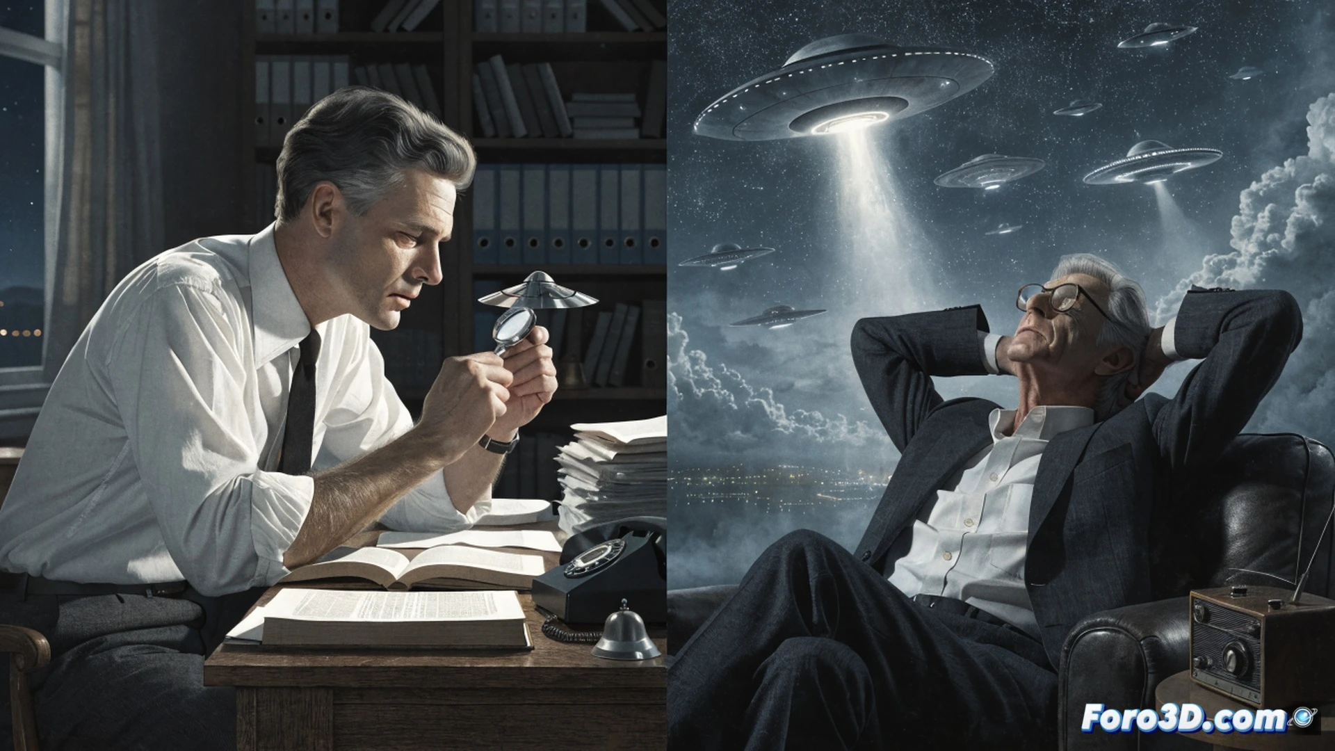J. Allen Hynek en su oficina nocturna, examinando fotografías de ovnis con una lupa sobre una mesa de luz, mientras proyecta diapositivas de casos clasificados en una pantalla, rodeado de archivadores metálicos y un telescopio reflector, mostrando su transición de escéptico a investigador, estilo cinematográfico fotorrealista, iluminación tenue con foco cálido sobre su rostro pensativo, sombras dramáticas, texturas de papel antiguo y hardware científico, composición vertical, atmósfera de misterio académico.