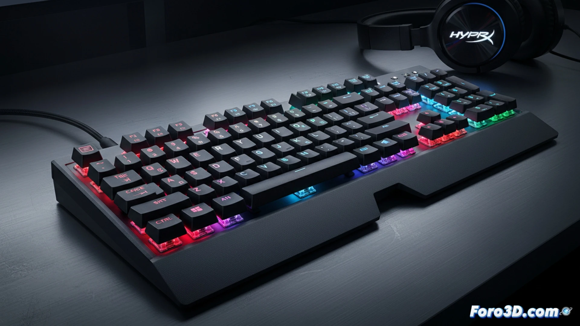 Close-up macro shot of mechanical keyboard switches being pressed rapidly, bright RGB LEDs emitting intense blinding light rays from under translucent keycaps, metallic switch stems moving downward showing actuation, plastic keyboard body with visible seams and structural ribs, software interface window floating in background with basic slider controls and no advanced settings, sound wave visualization demonstrating loud click noise, cinematic engineering visualization with dramatic side lighting, photorealistic detail on switch housings and spring coils, motion blur on fast-falling keys, high contrast between dark shadows and glowing RGB light