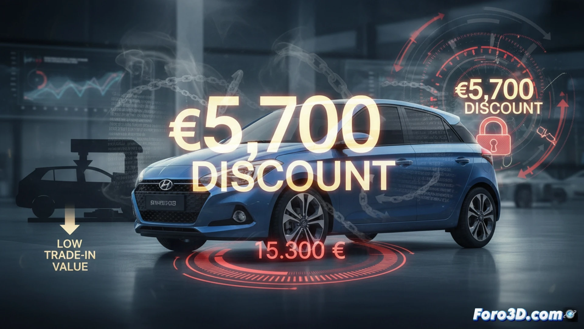 Hyundai i20 sobre un elevador hidráulico durante inspección técnica, motor turbo expuesto en primer plano, documentos financieros con cláusulas de interés y condiciones de tasación rodando fuera del maletero abierto, herramientas de mecánico esparcidas en el suelo, luces de taller industrial iluminando la escena, estilo cinematic photorealistic, sombras duras, reflejos metálicos en el chasis, desgaste en neumáticos, aire acondicionado activo mostrando vapor frío, cámara trasera desconectada colgando, asistentes de seguridad indicados con iconos luminosos en el parabrisas, atmósfera de oferta engañosa, realismo técnico detallado