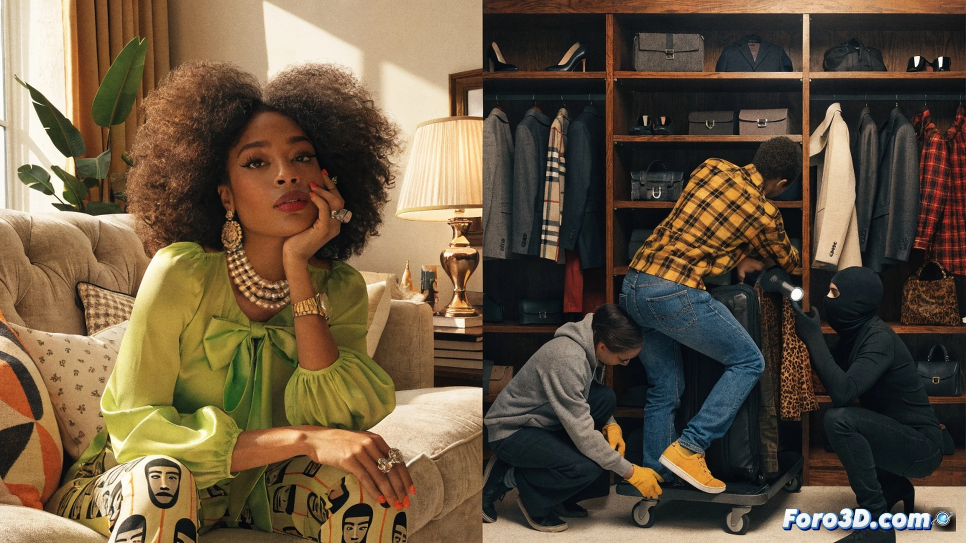 futuristic warehouse heist scene, three figures in sleek tactical gear using handheld hacking devices to disable security cameras while loading designer clothes from a high-tech vault into repurposed delivery drones, Keke Palmer character in center holding a tablet displaying a digital price-reduction interface, broken luxury mannequins scattered on floor, holographic surveillance grids flickering overhead, cinematic photorealistic style, cool blue and neon pink lighting, motion blur on drone propellers, metallic textures on stolen fabric, dramatic shadows from industrial shelving, ultra-detailed urban tech aesthetic