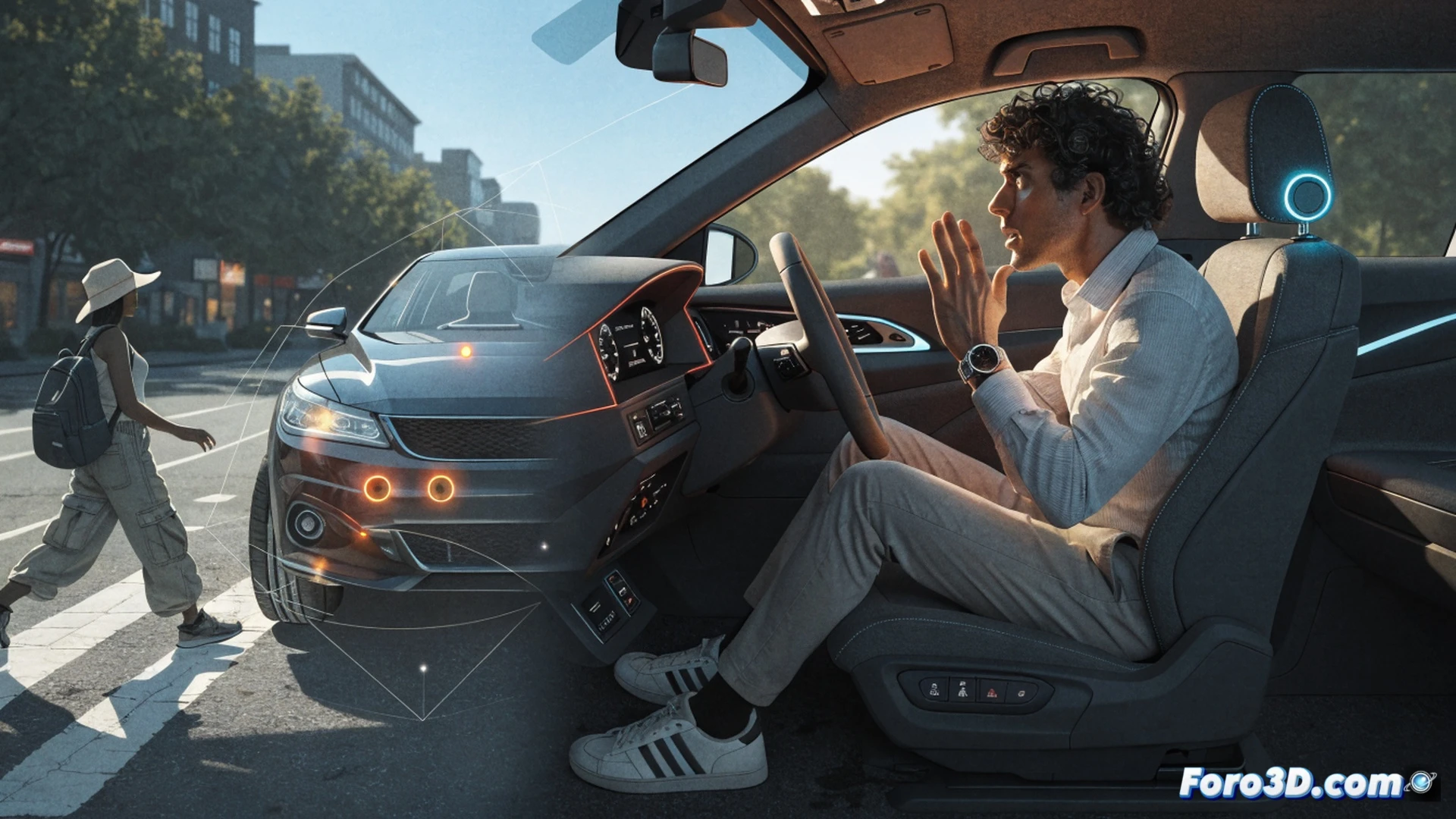 autonomous vehicle interior at night, dual holographic displays projecting crash prediction data, steering wheel with glowing sensors, pedestrian silhouette visible through windshield, car braking system components highlighted in red, driver hands gripping wheel in hesitation, split-second decision visualization with branching path lines on dashboard, cinematic engineering visualization, photorealistic metallic surfaces, dramatic blue and amber lighting, motion blur on street lights outside, ultra-detailed dashboard electronics, technical illustration style