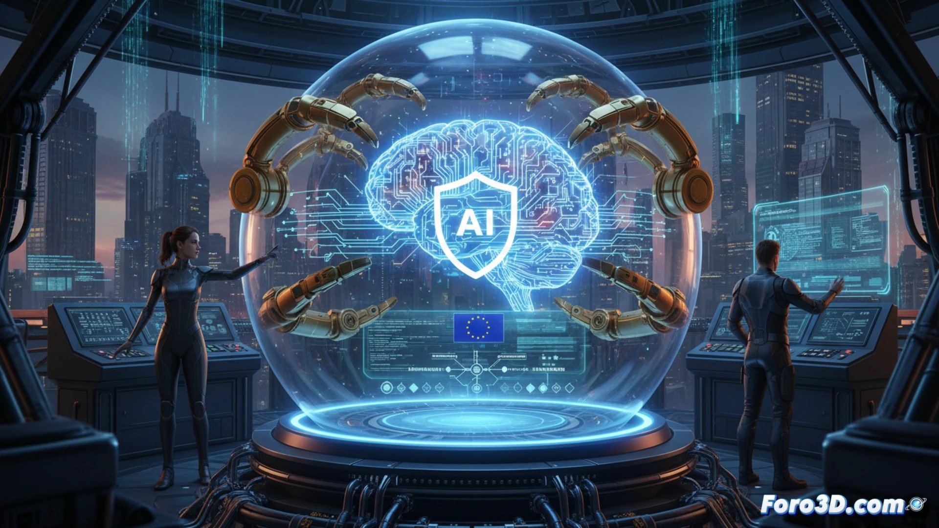 Technical illustration of an AI governance control panel, robotic hand adjusting a transparent holographic compliance slider, glowing circuit pathways connecting European regulatory checkpoints, server racks in background with green operational status lights, digital audit trail streaming upward, cybersecurity padlock icons embedded in neural network nodes, cinematic engineering visualization, photorealistic metallic surfaces, blue and amber warning indicators, sharp depth of field, ultra-detailed microchips and data cables, dramatic side lighting emphasizing legal compliance framework