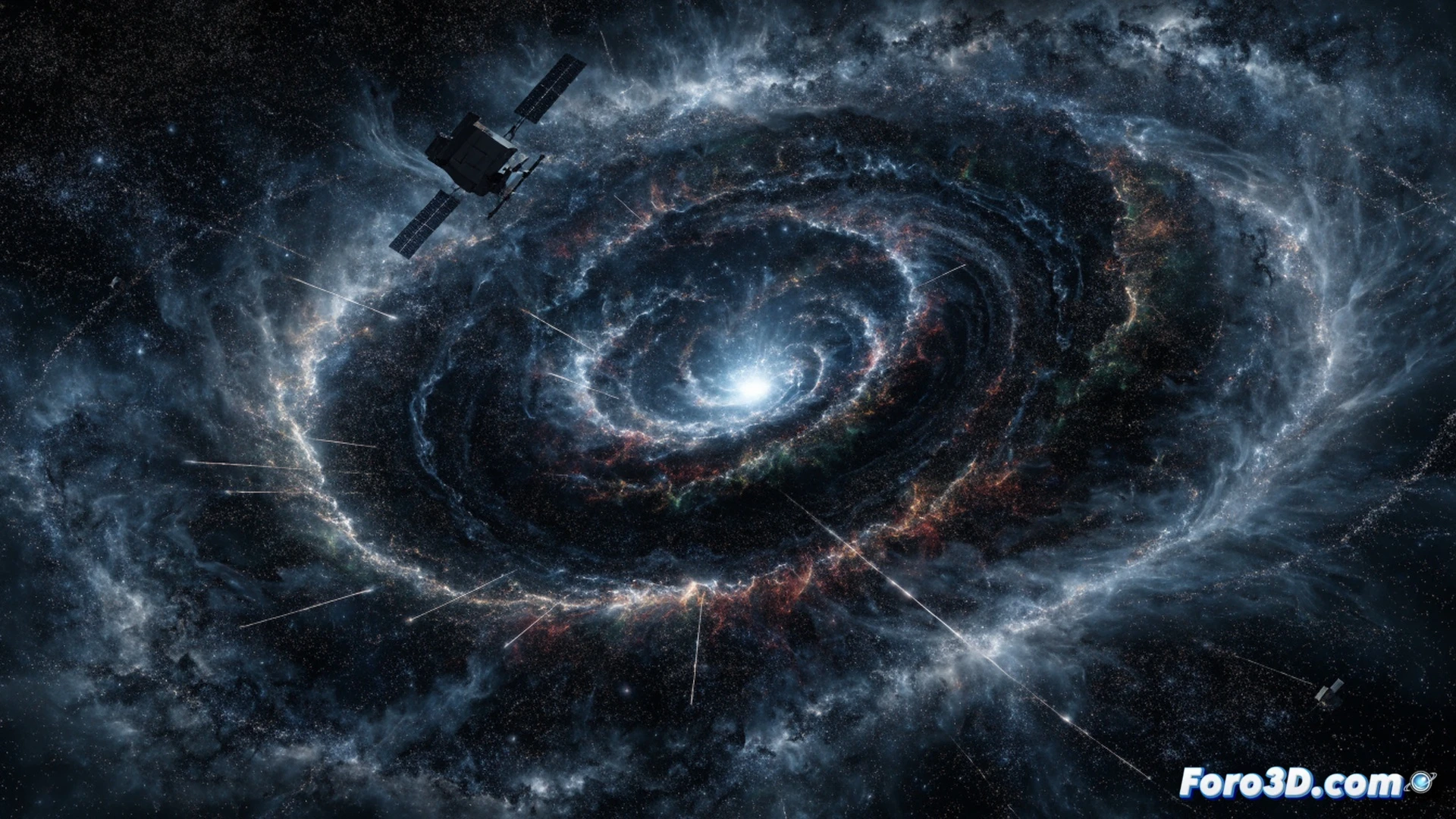 satellite orbit visualization showing a swirling plasma hurricane near Earth polar region, glowing aurora spiral with particle streams impacting satellite solar panels and GPS antenna, AI neural network interface analyzing real-time data streams on holographic screens, red warning alerts flashing, Earth curvature in background with atmospheric glow, cinematic technical illustration, photorealistic space environment, dramatic lighting with electric blue and magenta plasma trails, ultra-detailed satellite components, motion blur on rotating aurora vortex, high-contrast sci-fi engineering visualization