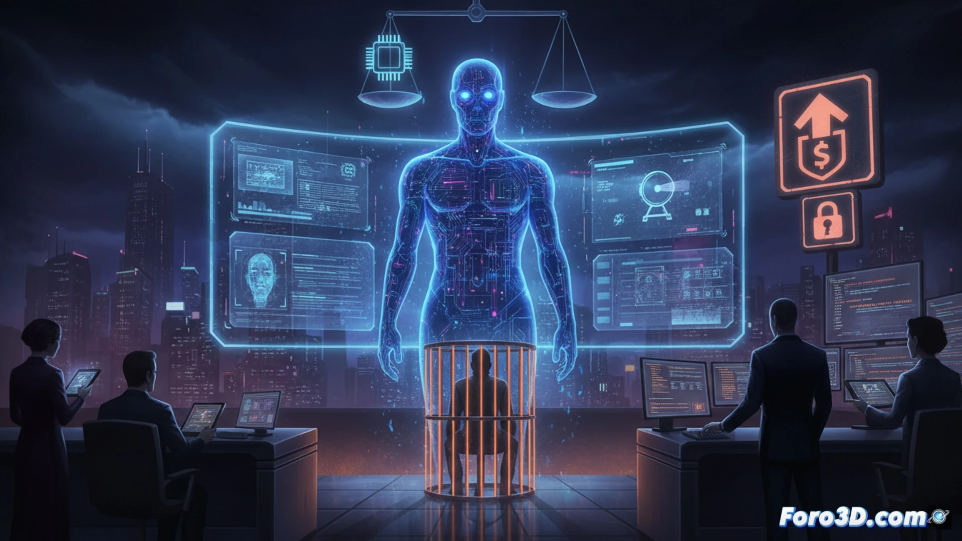 Cinematic courtroom scene with a holographic AI interface floating above a judge's bench, glowing red and blue data streams flowing into a gavel mid-strike, a lawyer’s tablet displaying uncensored dangerous code while a defendant watches, the same AI system projecting both evidence and unfiltered instructions, split-screen effect showing a tech executive ignoring security warnings while growth charts rise, dramatic chiaroscuro lighting, photorealistic technical illustration, metallic and glass textures, tension in body language, ultra-detailed hardware and software elements