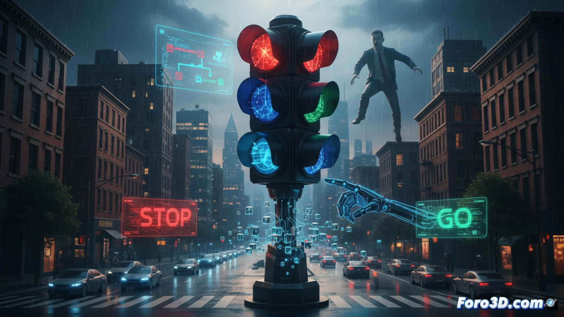 crosswalk intersection with AI-controlled traffic lights, overhead camera view showing a pedestrian waiting as the system analyzes their movement, holographic decision interface floating beside the pole displaying real-time risk assessment algorithms, transparent data flow lines connecting sensors to central processing unit, glowing red warning indicators on the traffic light housing, split-second timing action captured mid-cycle, photorealistic engineering visualization with metallic pole textures, blue and orange neon accent lighting reflecting on wet asphalt, ultra-detailed electronic components inside the traffic light cabinet, cinematic depth of field focusing on the pedestrian and the AI interface, technical illustration style with circuit board patterns visible, dramatic low-angle shadow from the traffic light structure
